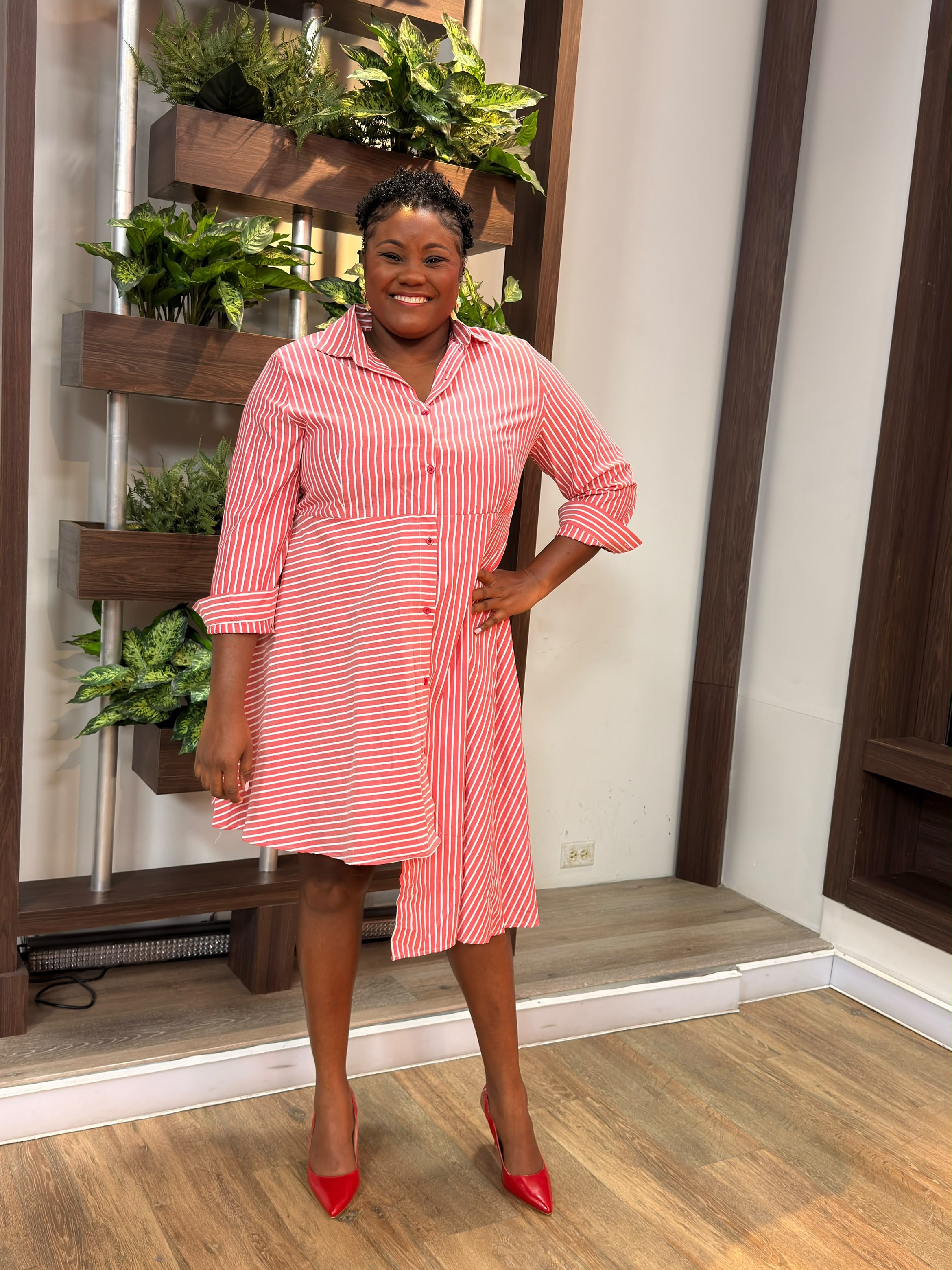ワンピース Striped Asymmetrical Shirt Dress Stripes, Structure & a Pop of Red ❤️✨ TK stepped into Sunrise