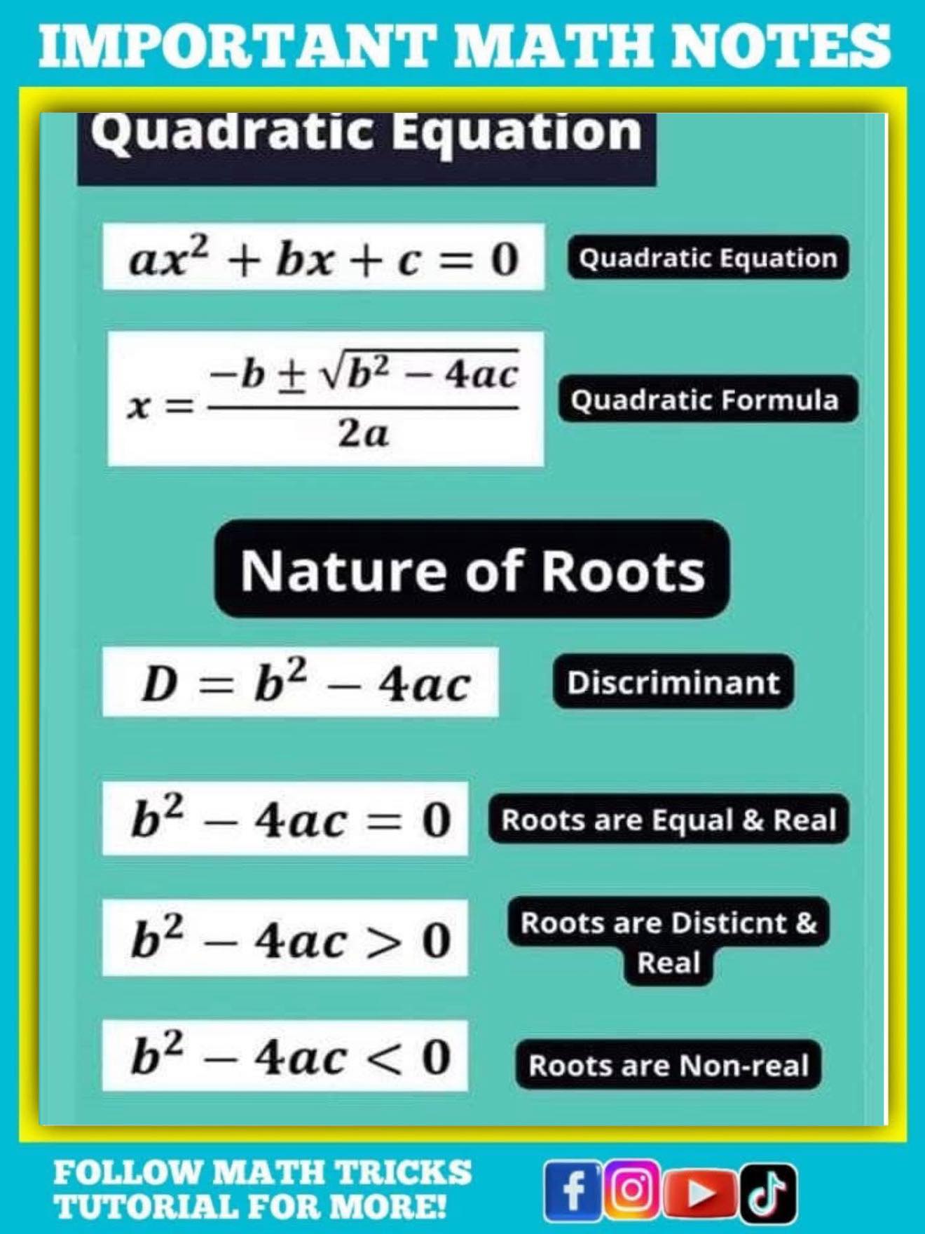 Math - Quadratic Equation and nature of Roots Math Notes | Facebook