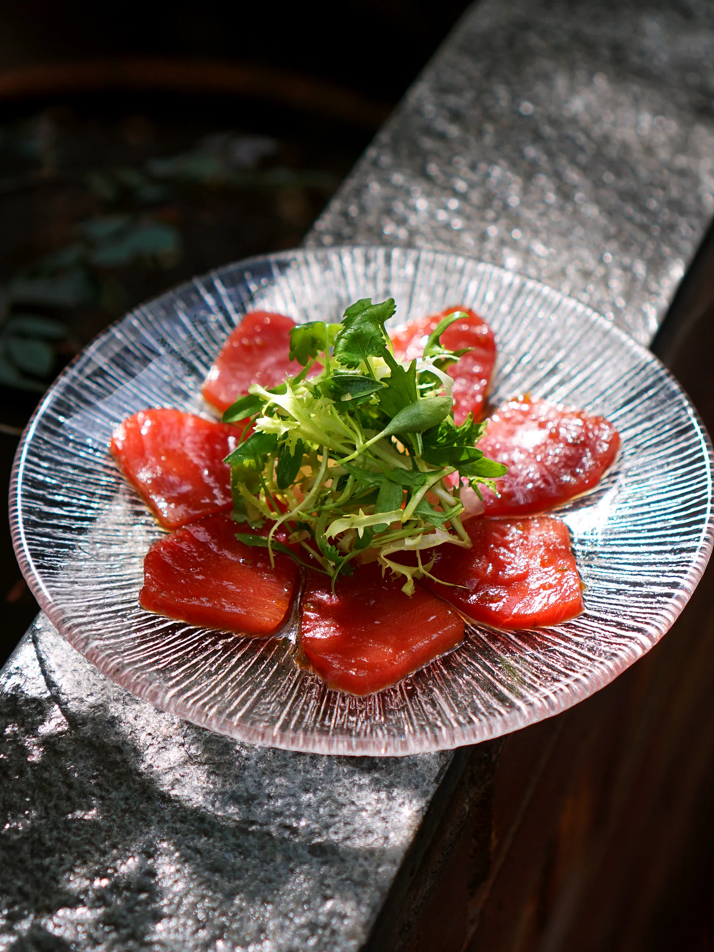 Maguro Sashimi Asian pear, mizuna, yuzu tozasu Sourced through 