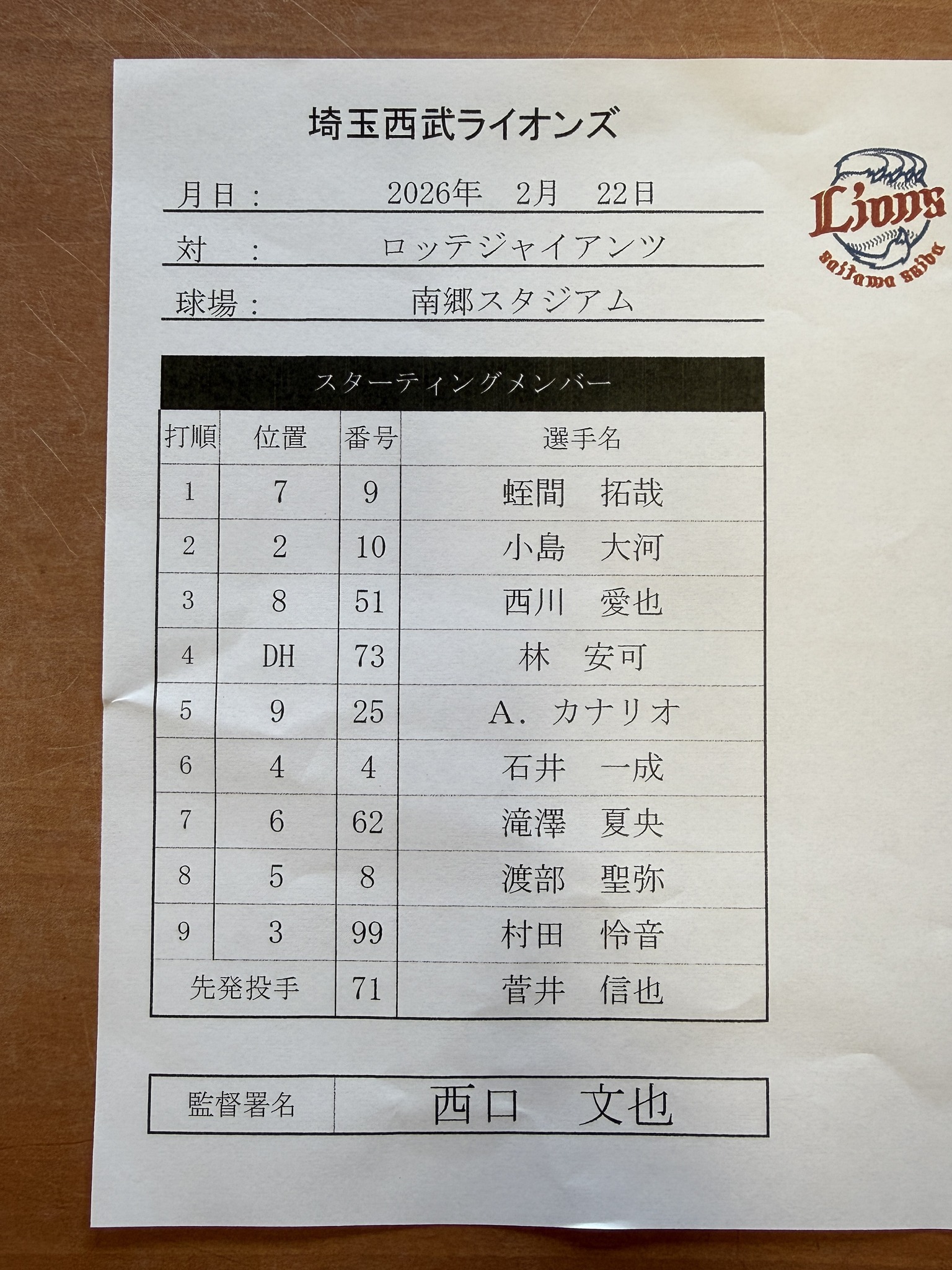 西武ライオンズ 今日の試合 スタメン