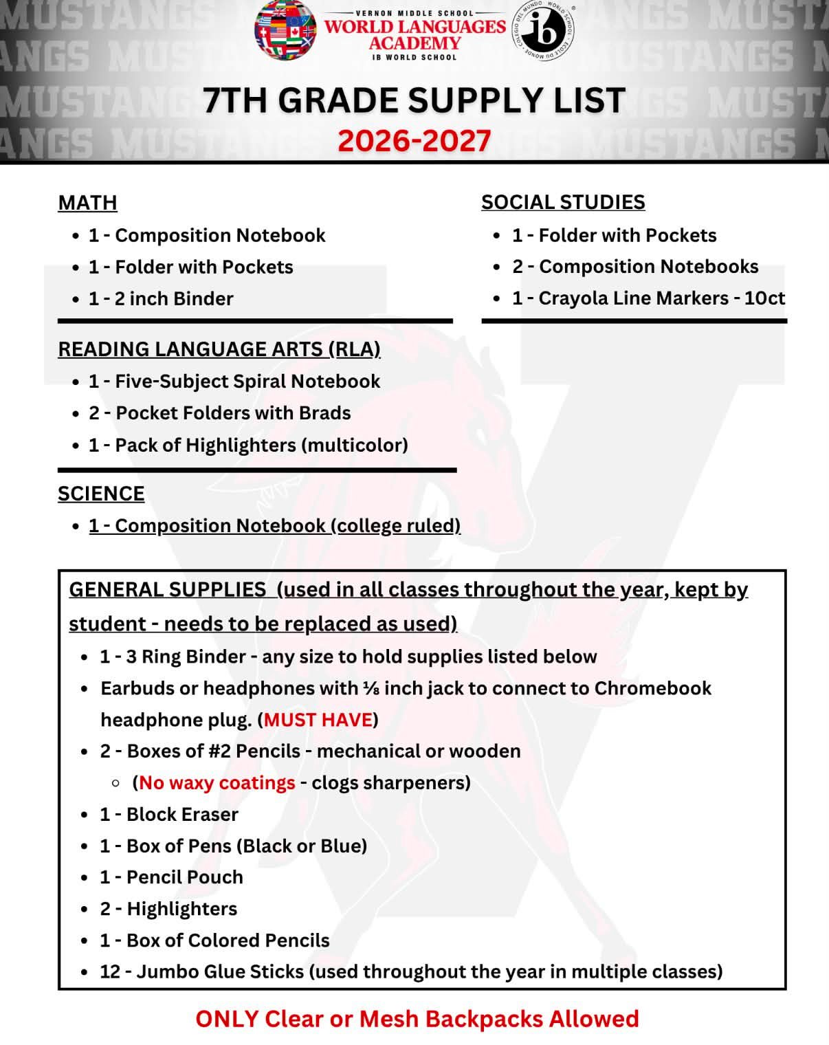 Vernon Middle School 2026-2027 supply lists now available