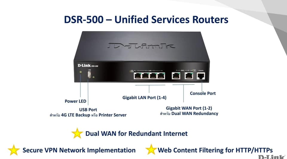 จุดเด่นของ DSR-500 Unified Services Routers เชื่อมต่อ Internet แบบหลาย ...