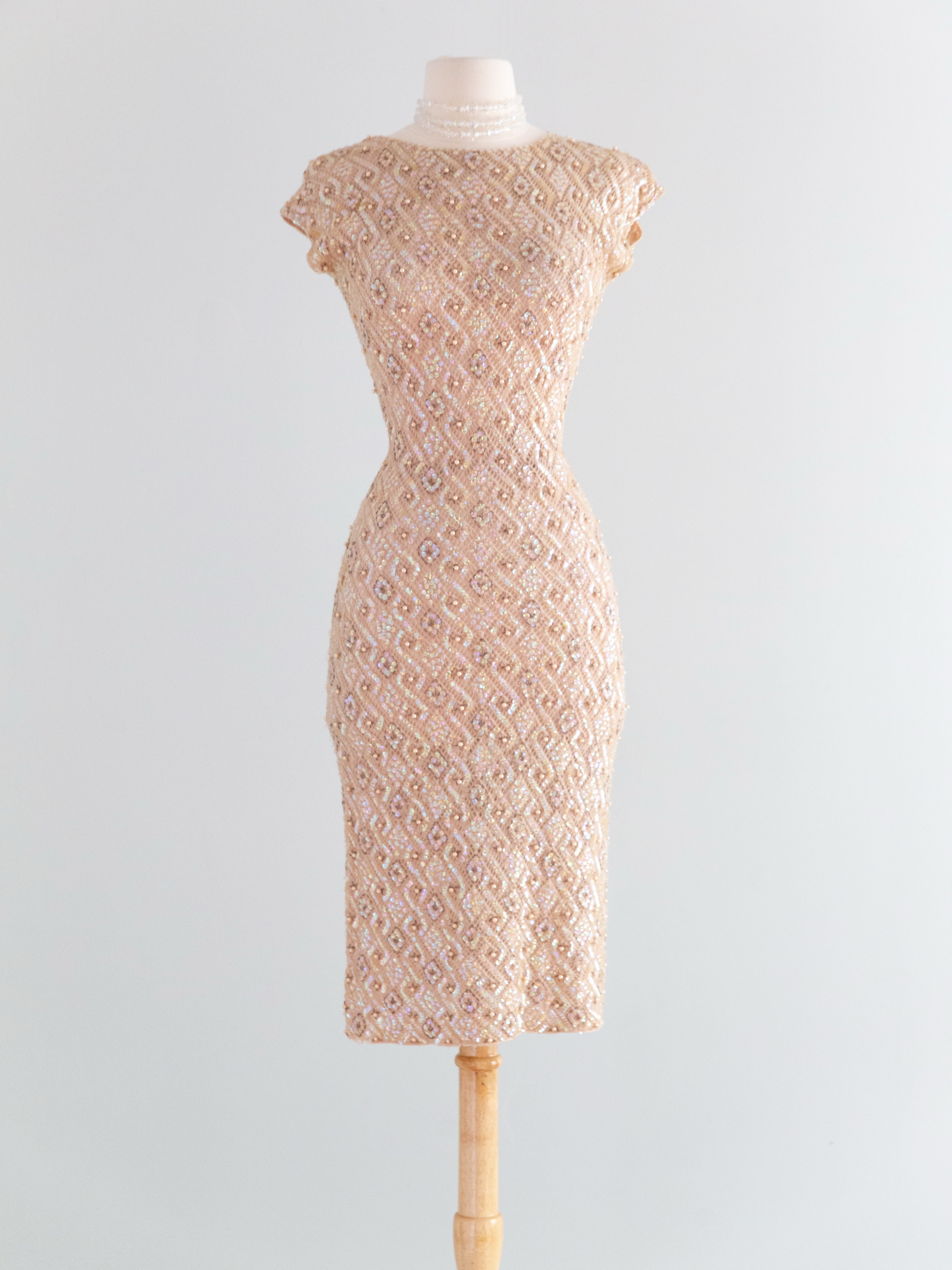 vintage hand-beaded cocktail dress 1950s Gene Shelly beaded for sale Slim fit satin midi