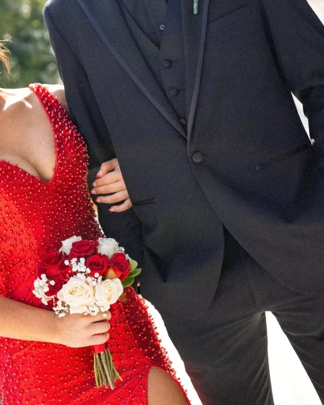 red prom dress with grey tux obsessed ❤️‍🔥 -- Style 12194 📸: @pavolinihalie #ASHLEYlauren #TEAMfabulous #redpromdress #prom2026 #formaldress Black wedding guest maxi dress
