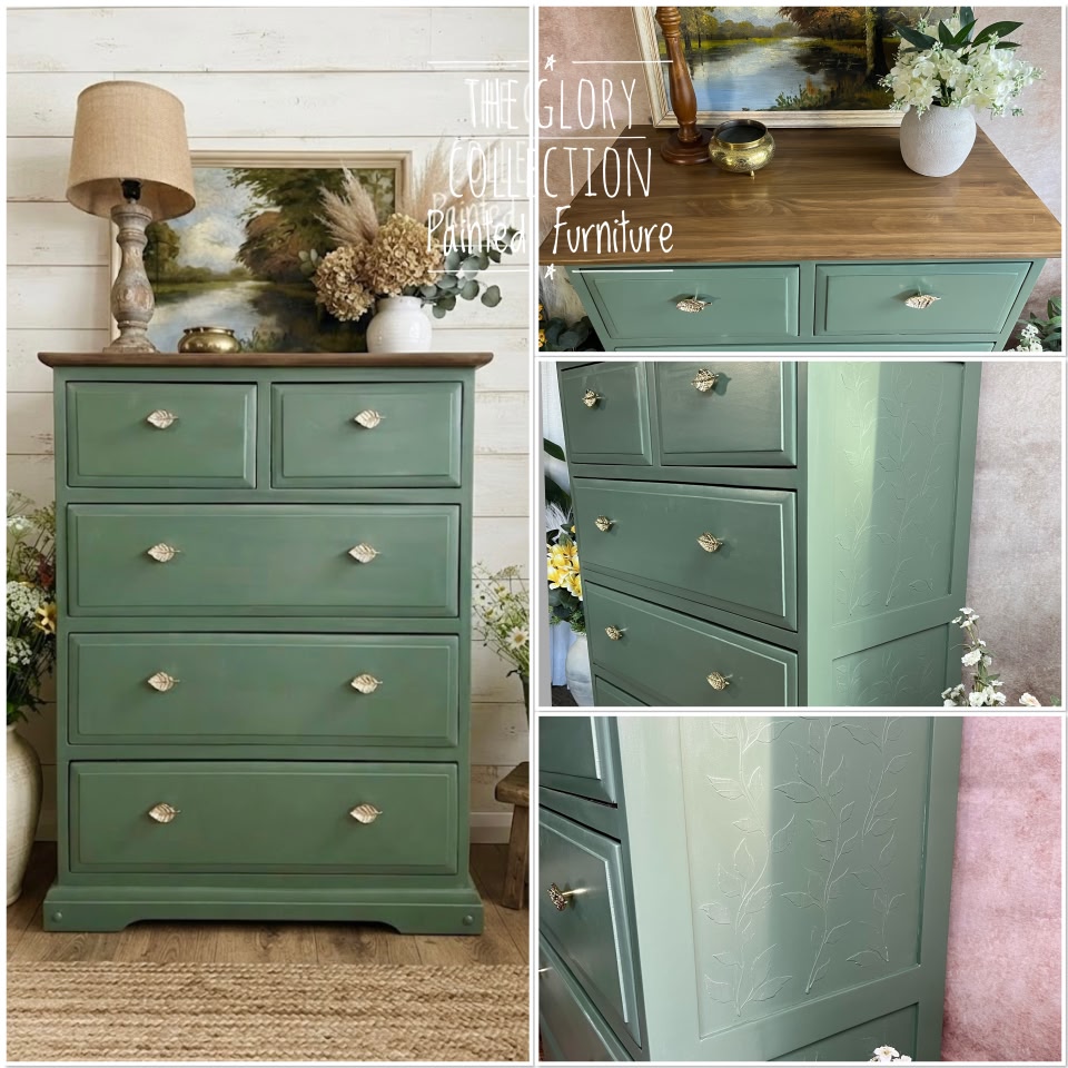 AVAILABLE TALL BOY DRESSER $330 Bring timeless farmhouse charm into your home with this beautifully restored solid timber chest of drawers. Finished in a calming sage green with a rich stained timber