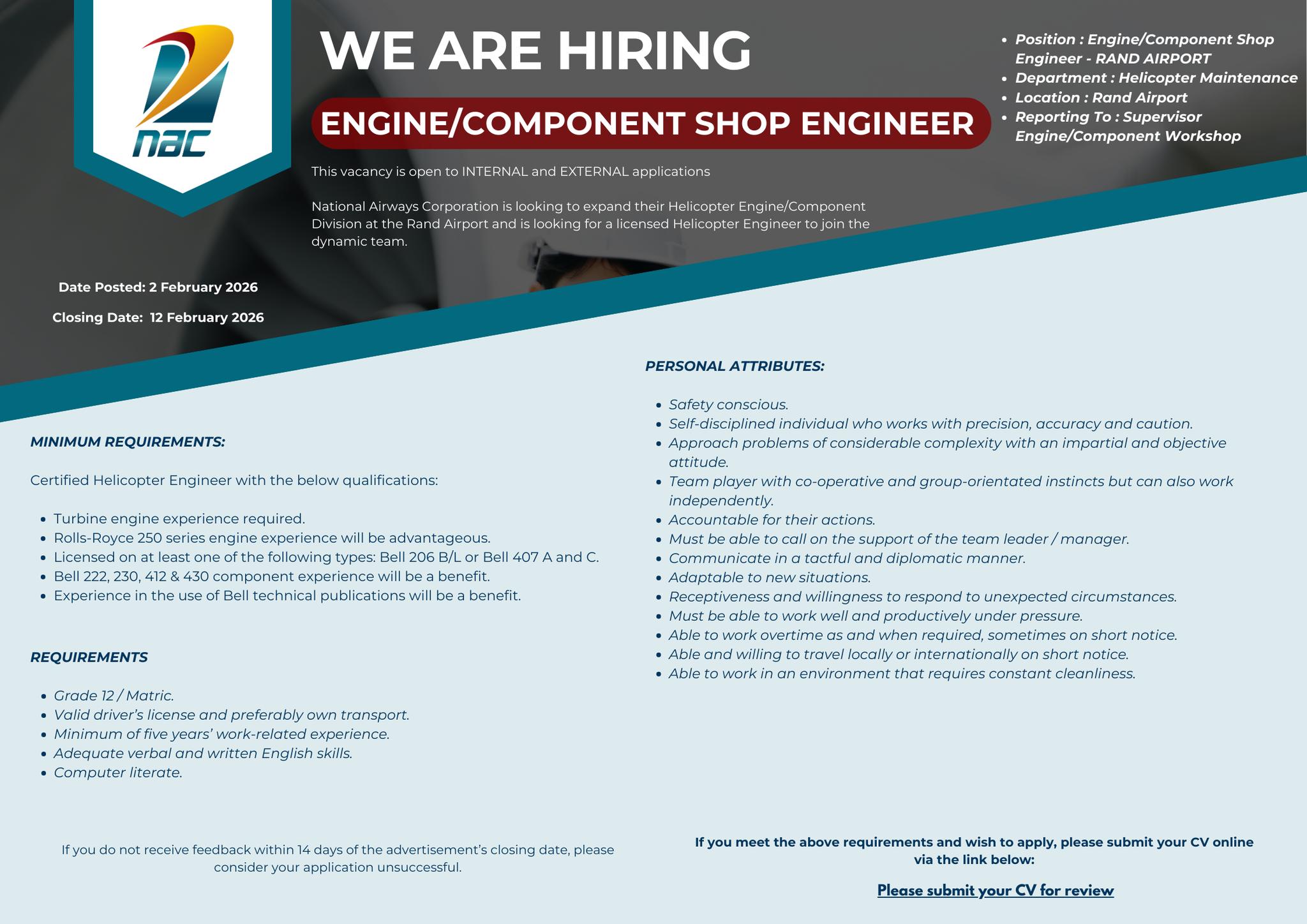 NAC - NAC IS HIRING: Engine/Component Shop Engineer This vacancy is ...