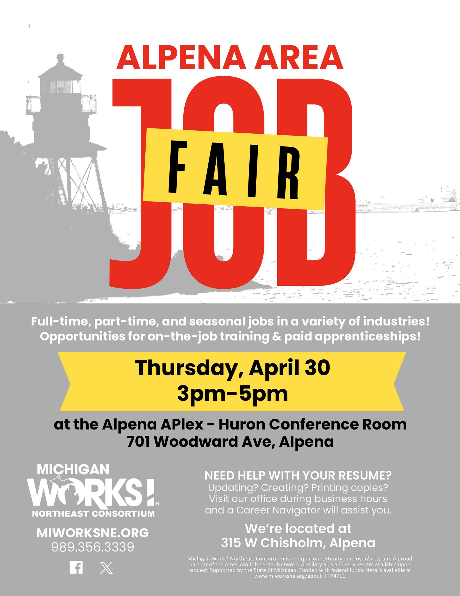 ALPENA JOB FAIR - SAVE THE DATE * Thursday April 30th * 3-5pm at 