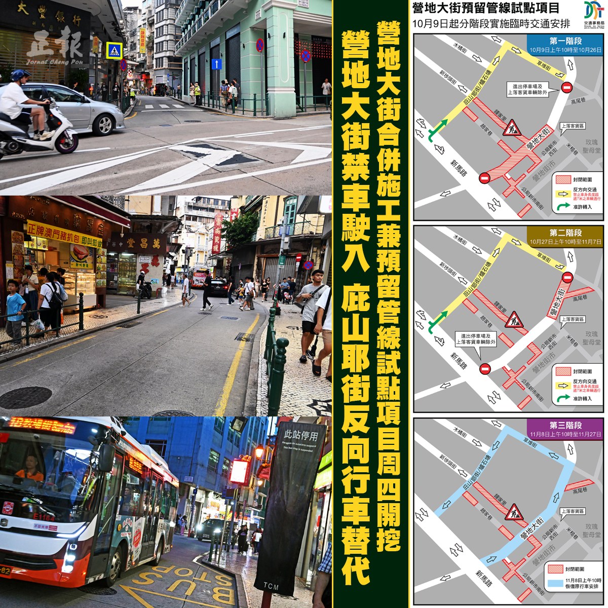 正報 - 營地大街合併施工兼預留管線試點項目周四開挖 營地大街禁車駛入 庇山耶街反向行車替代 (07/10/2025) 【本報訊】以營地大街 ...