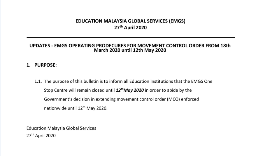 International Students Management Unit Utp Update Emgs Please Refers To The Attachment From Emgs Education Malaysia Global Service Emgs And The Immigration Department Will Remain Closed Until 12 May 2020 We