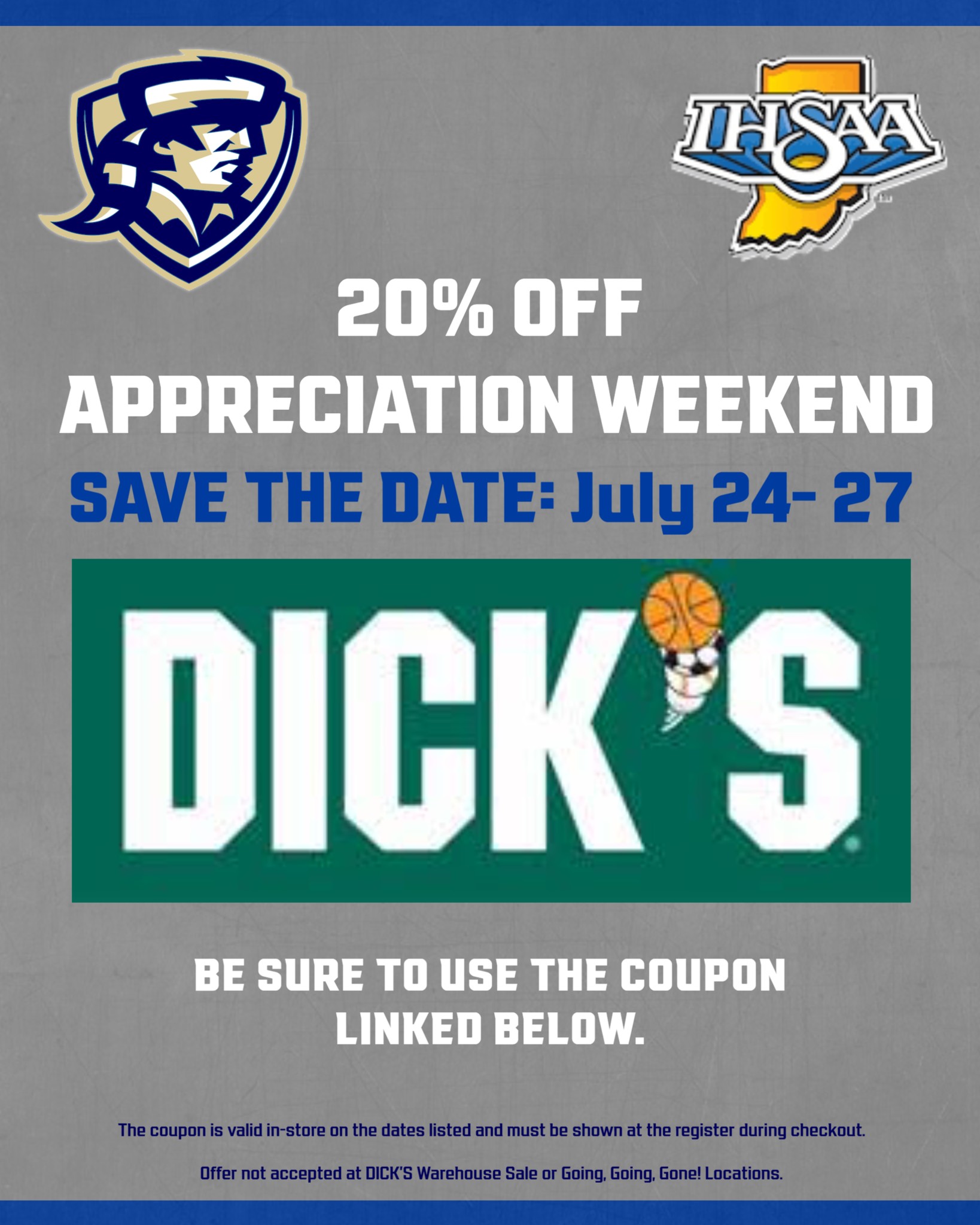 20% off at Dick's Sporting Goods in Indiana for IHSAA Appreciation