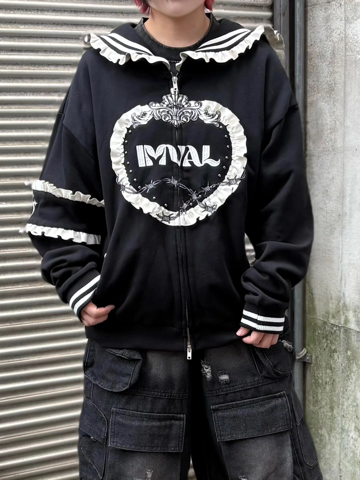 IMVAL セーラーカラー フリル ジップパーカー カラーフリルパーカー