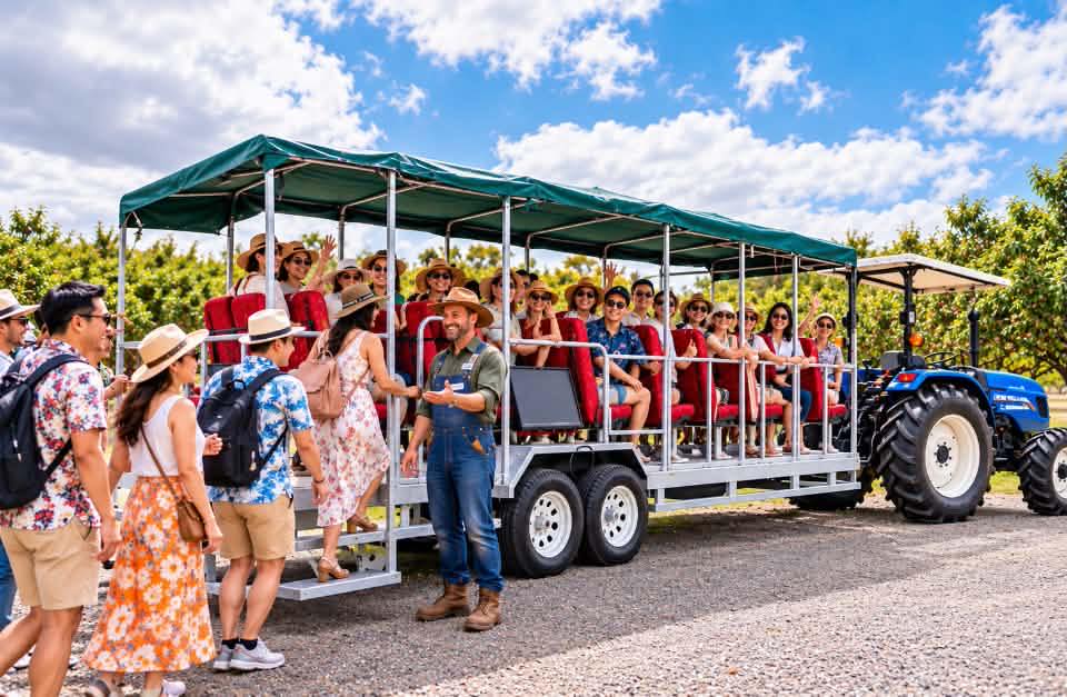 All aboard! 🚜🍑 Fresh air, fruit trees and plenty of delicious ...