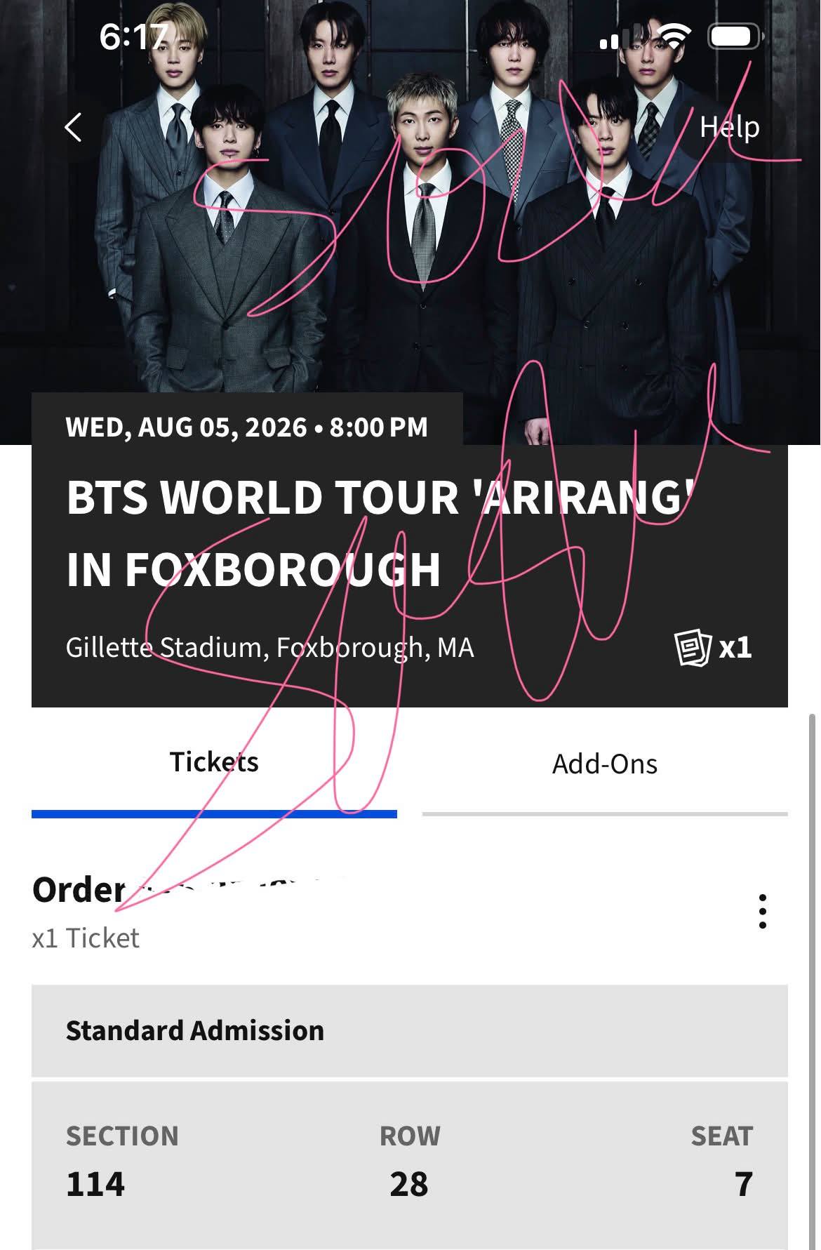BTS World Tour Foxborough ticket for sale