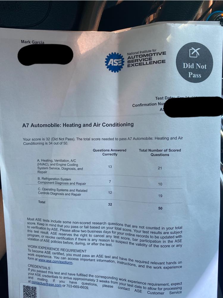 A7 test results not showing on ASE website?