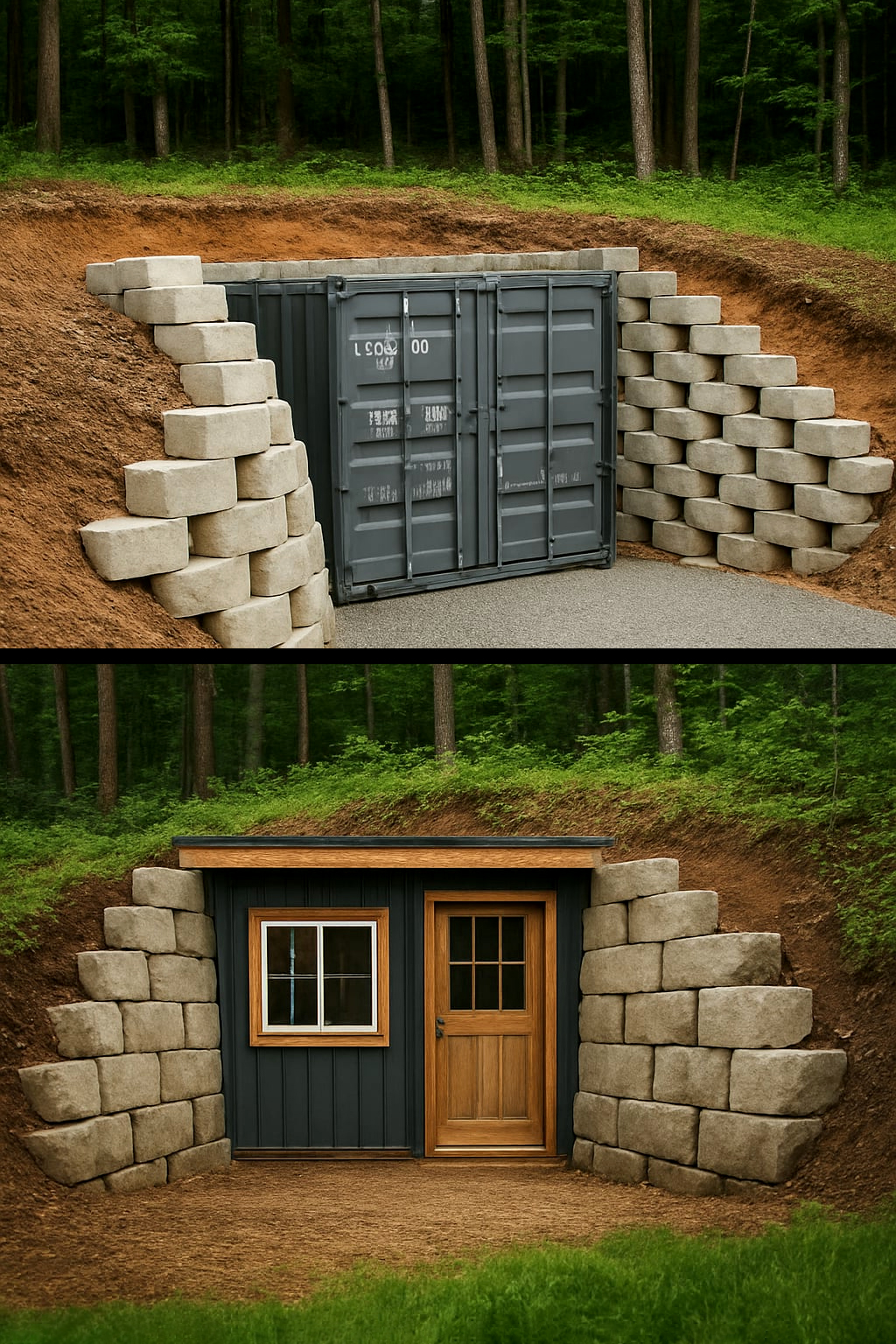 Tiny - Before and after split image of a DIY underground bunker made ...