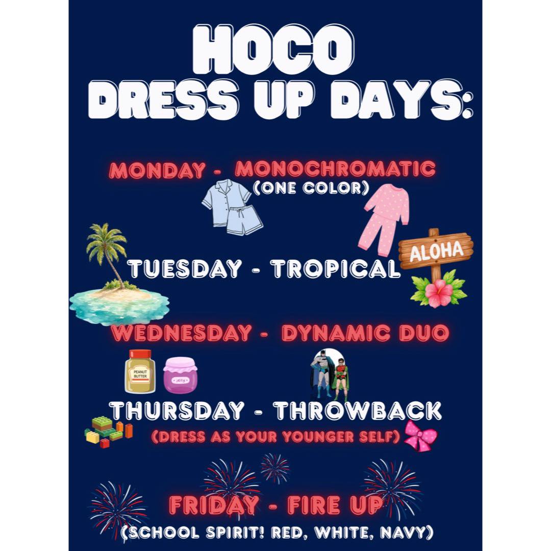 homecoming dress up day ideas is Next Week! 🙌✨ High schoolers, get your outfits ready, because Spirit Week kicks off on Monday. Here's your dress‑up lineup: 🎨 Monday — Monochromatic 🌴 Tuesday — Tropical 👯 Wednesday — Trend:Buttons