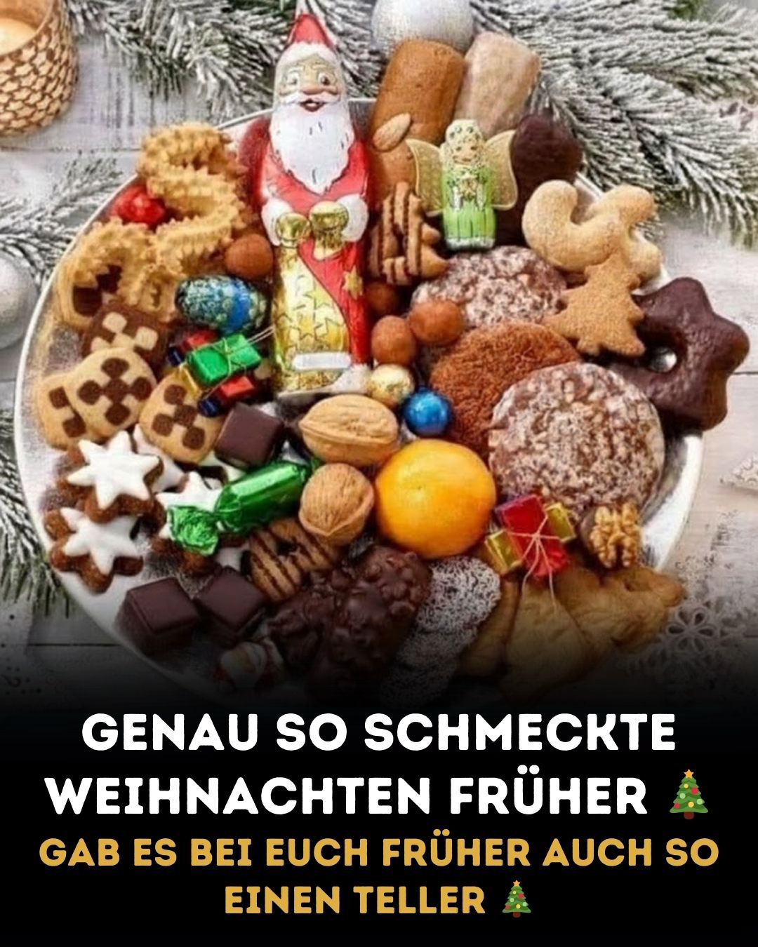 Wer hatte früher in der Weihnachtszeit auch so einen bunten Süßigkeitenteller 🎄 Schon beim Anblick tauchen die Erinnerungen auf. Plätzchen, Schokolade, Nüsse, vielleicht eine Orange in der Mitte – all