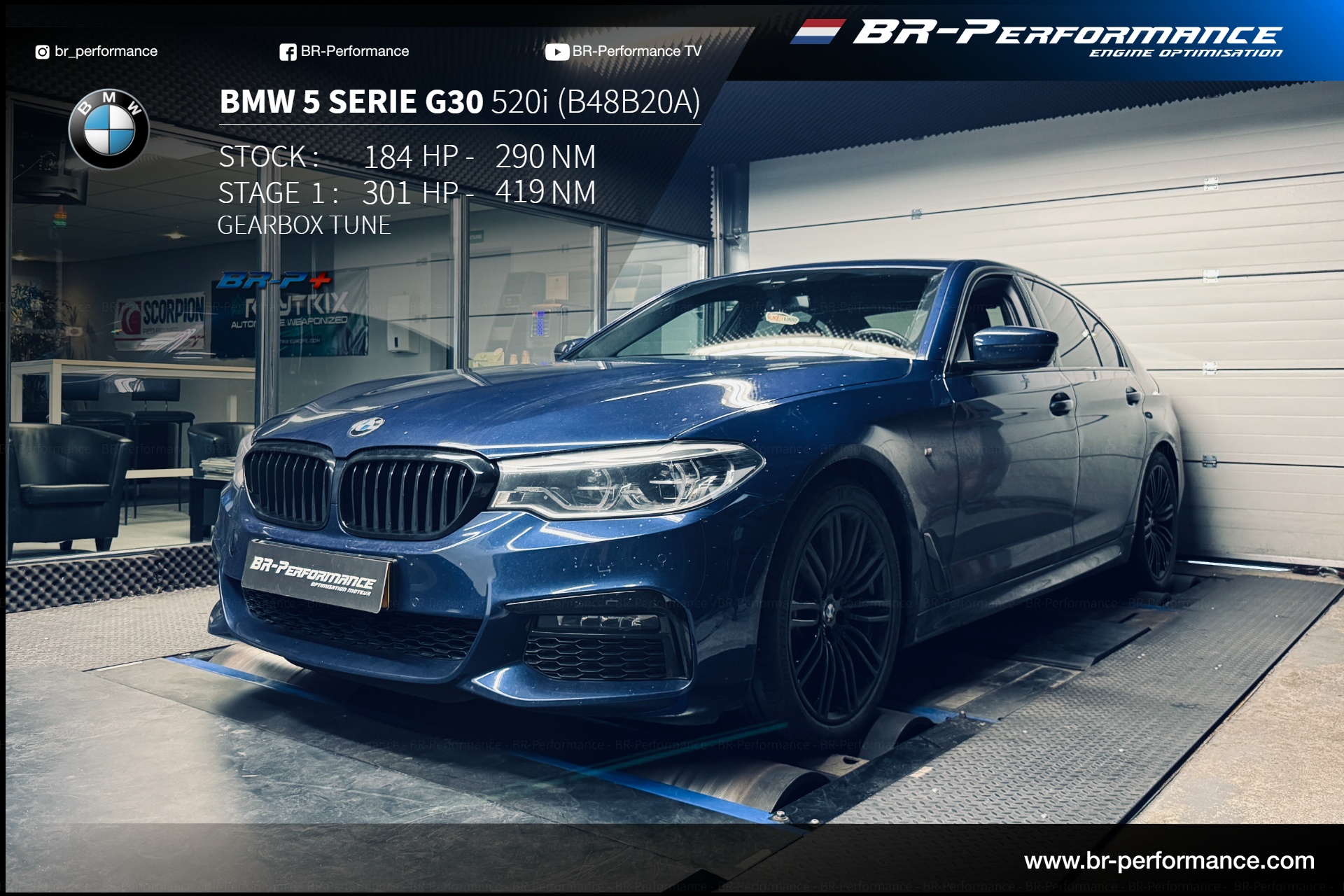 BMW G30 520i (B48B20A) 184HP @ 301HP (stage 1) Stock : 184 Hp 