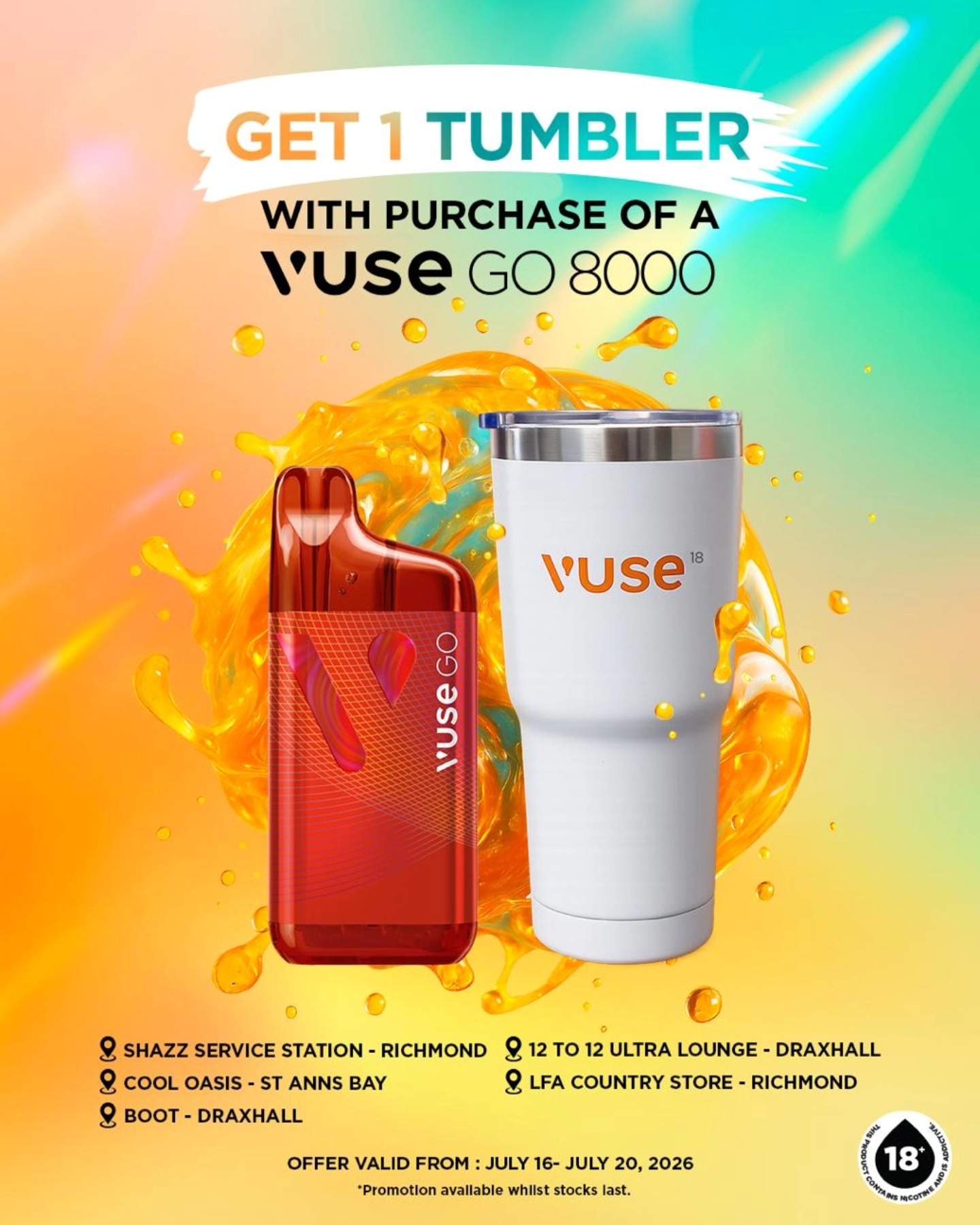 vuse go jamaica Let's Sumfest in style 🎶🎶 Visit these locations to get a tumbler from @ vuse.Caribbean ! 18+ only. This product contains nicotine and is addictive Color:7 Colour Fluid salt how many rips in