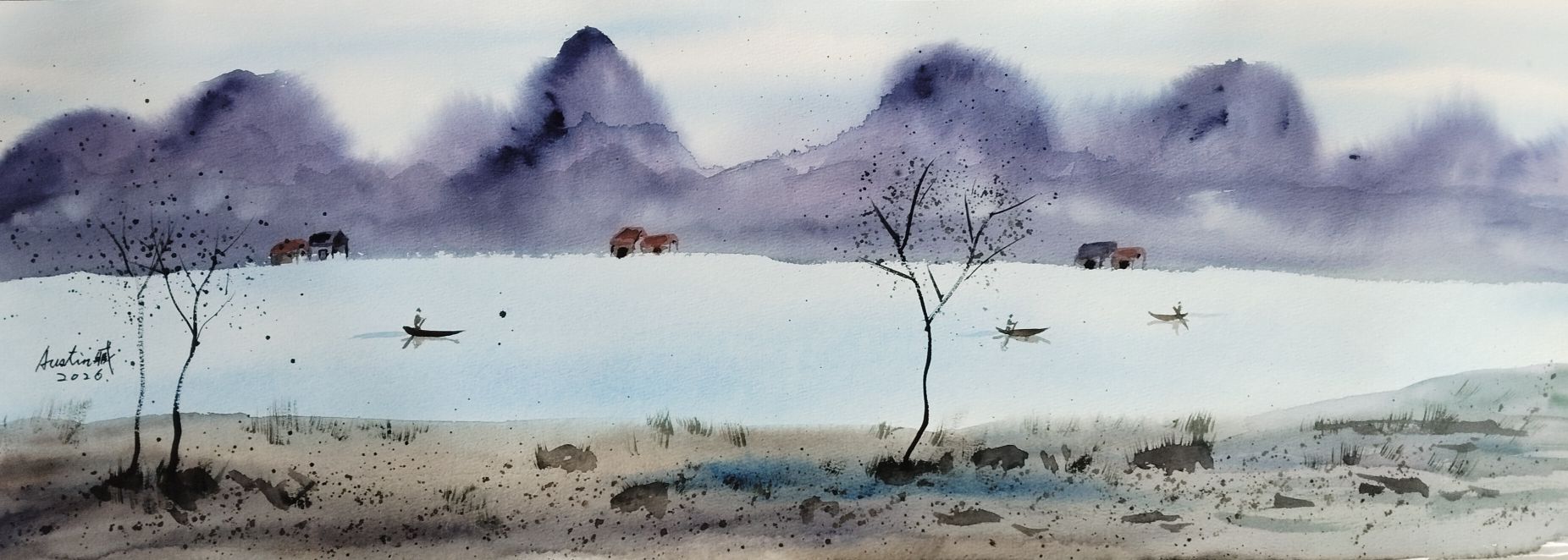 音波　「漓江」水彩画 漓江十里畫廊 水彩.27*76CM 2026.07.TAIWAN