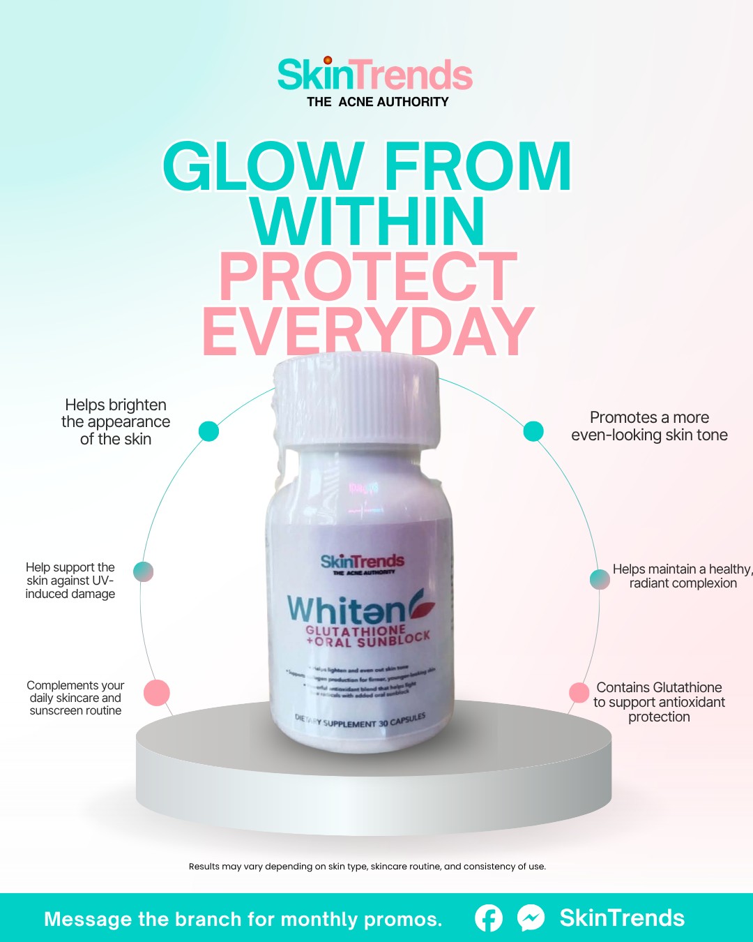 Skintrends Glutathione oral sunblock for brighter skin tone and UV protection