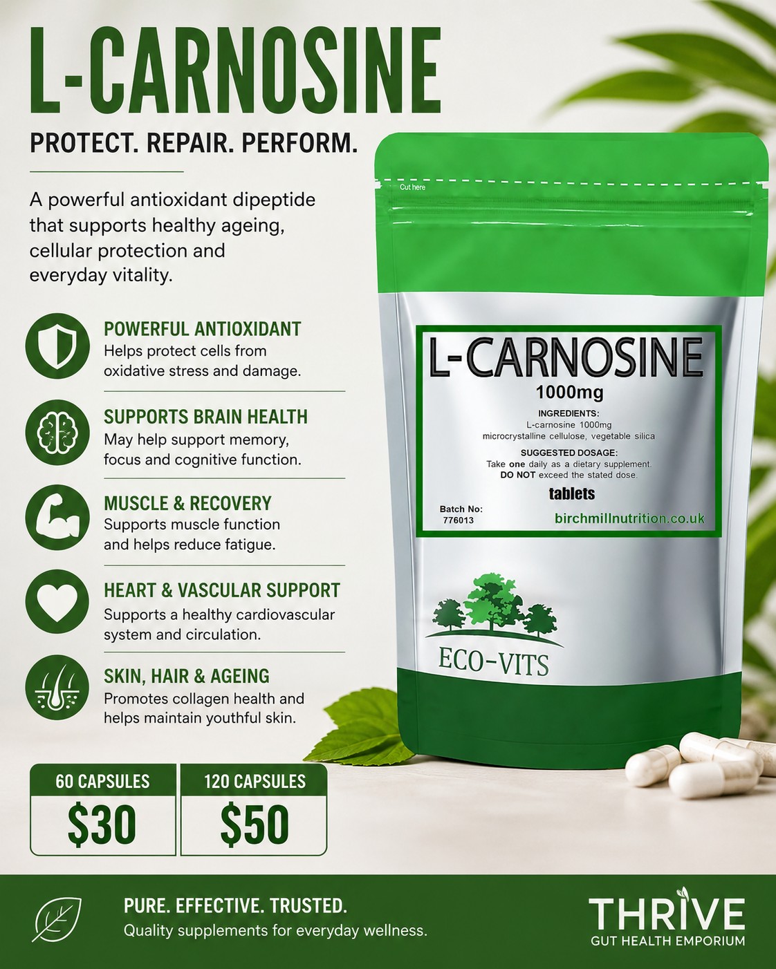 L-Carnosine is a naturally occurring dipeptide made from beta-alanine and histidine, found in particularly high concentrations in muscle, brain and heart tissue. It's attracting a lot of interest in healthy-ageing research because