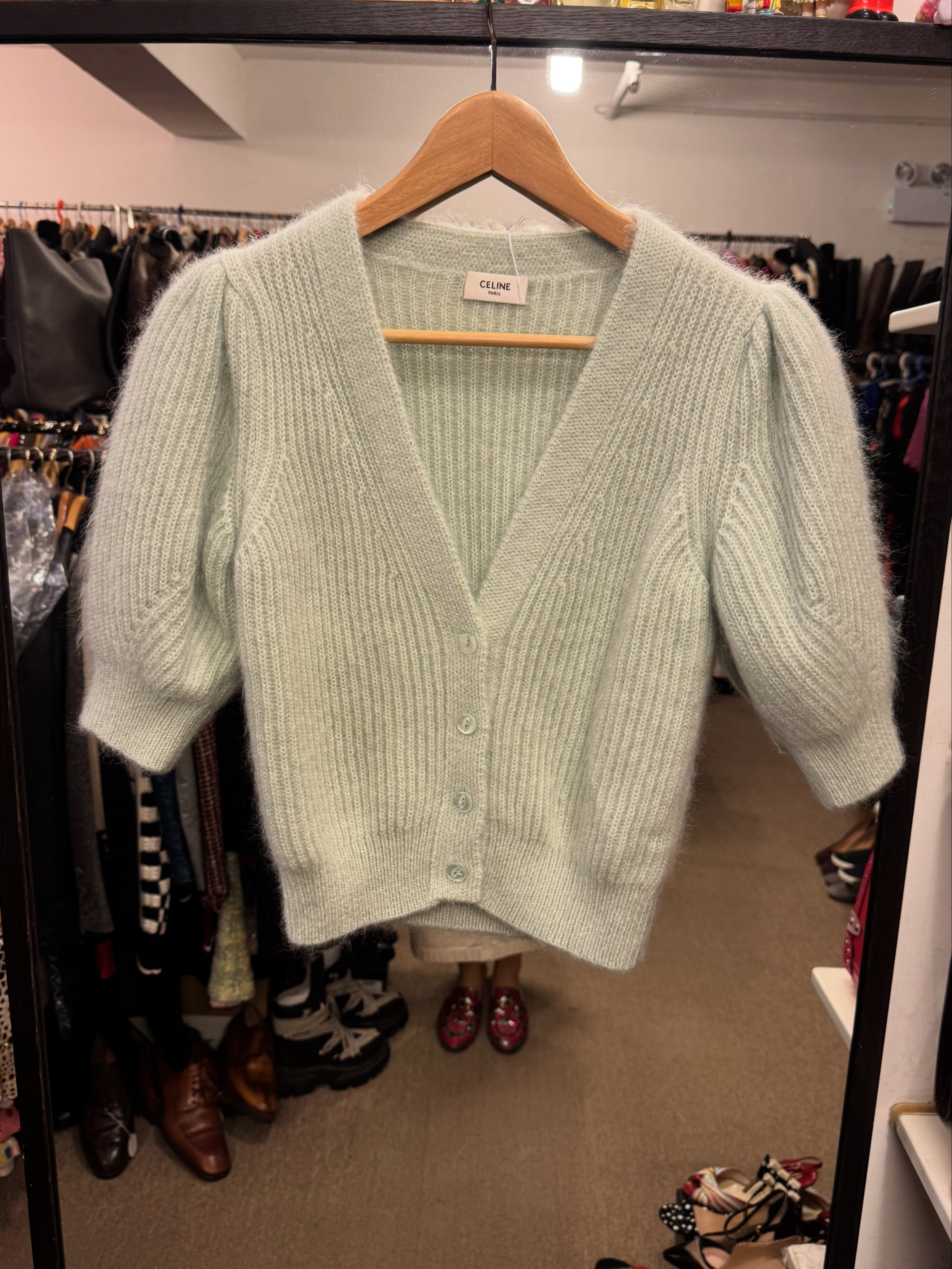Celine light green mohair and silk short sleeves cardigan size S