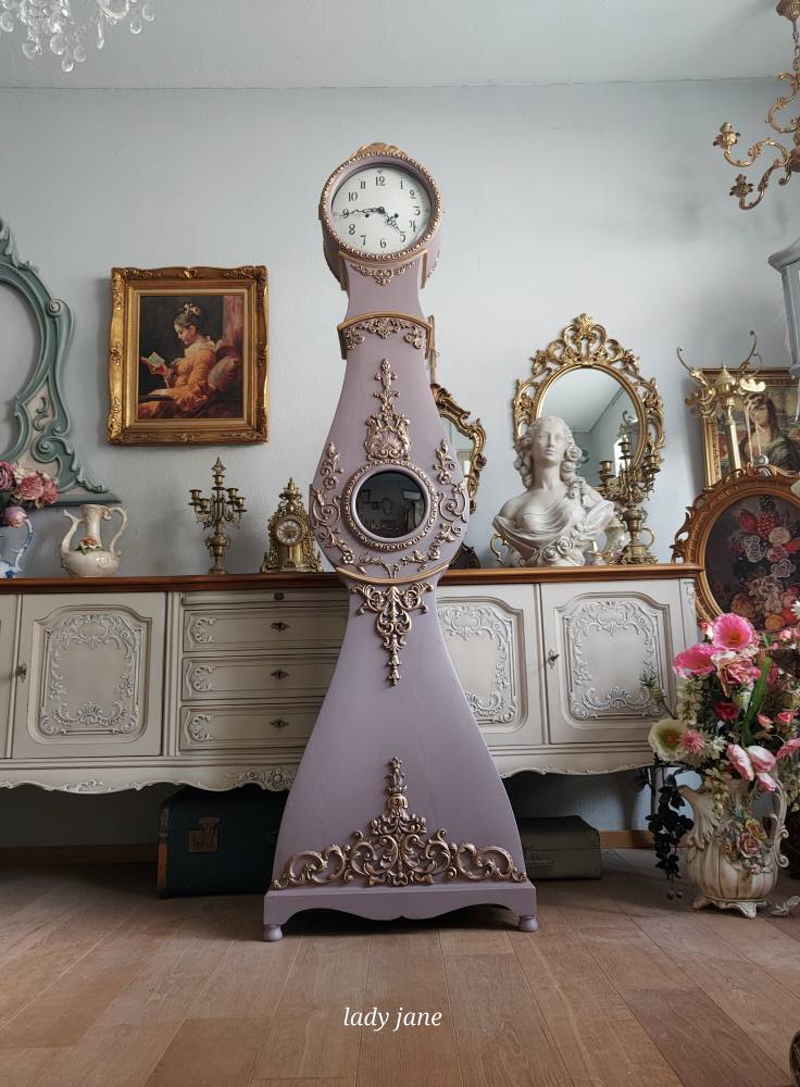 Restored Swedish Mora clock with Fusion's Lavender Haze paint