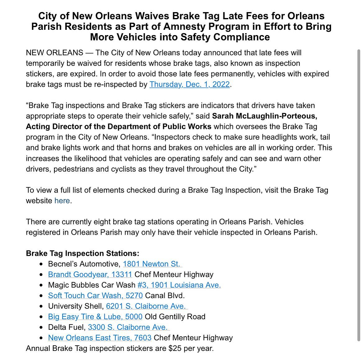 Roadworknola 💥City of New Orleans Waives Brake Tag Late...