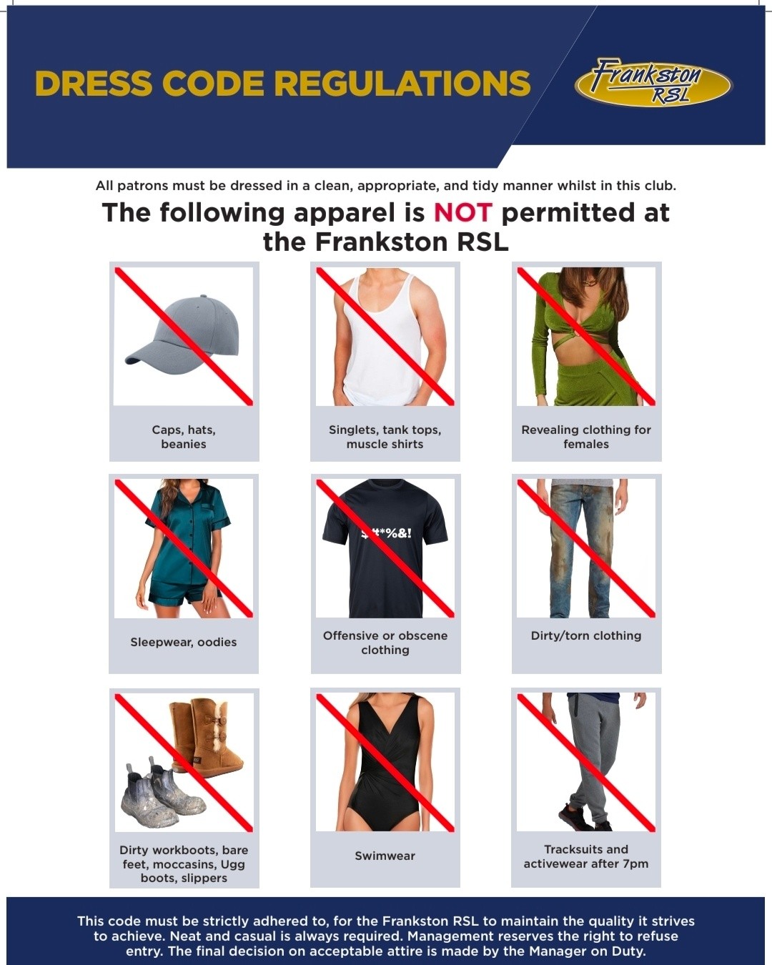 ATTENTION PARTY PEOPLE: If you're rolling into Presentation Night tonight, please remember the RSL dress code. This means: ✓ Clothes ✓ Clothes that look like you tried ✘ No “I just came