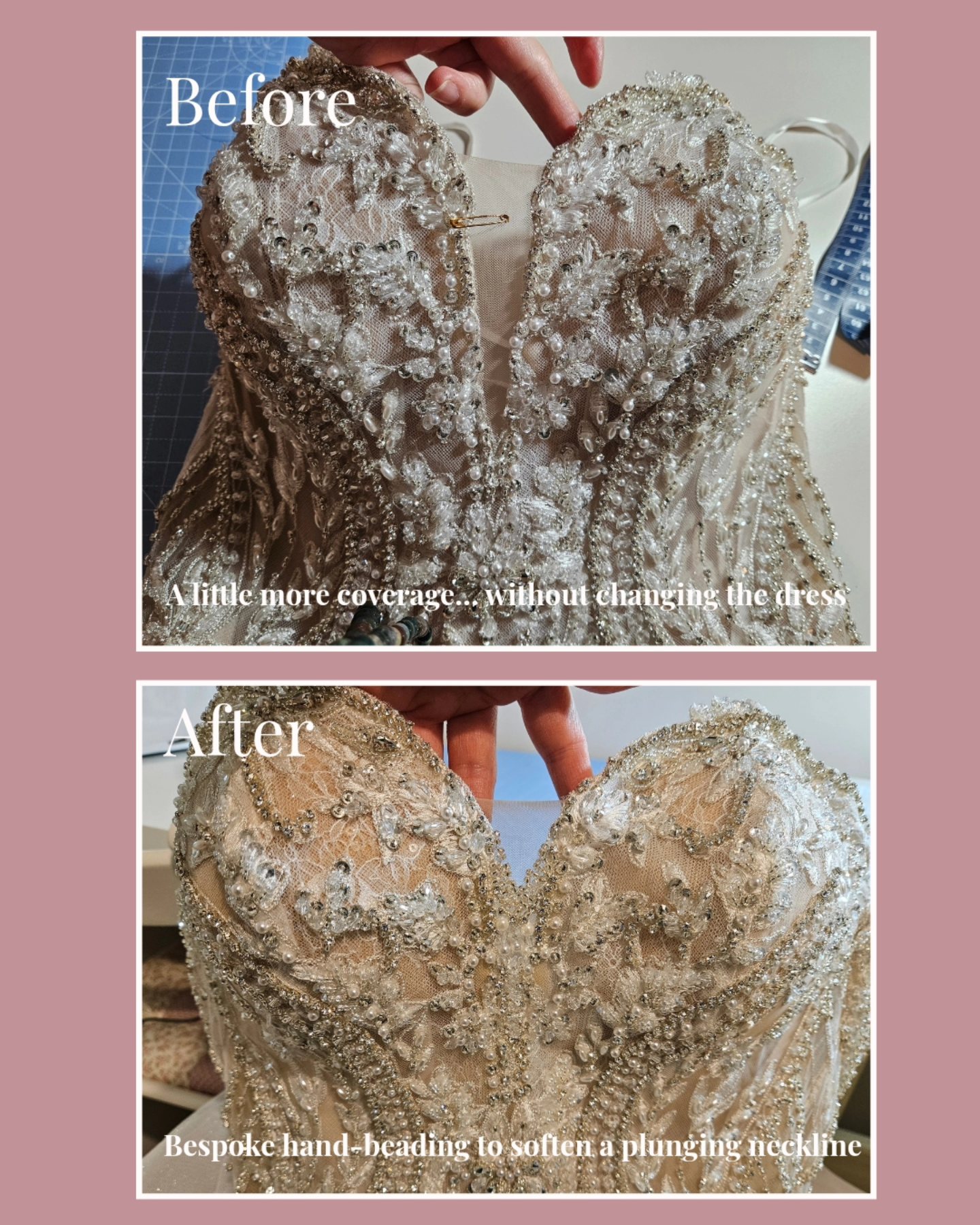 A little more coverage, without losing what made the dress beautiful 🤍 This bride loved her beautifully beaded gown, but wanted a little more coverage through the deep plunge at the front