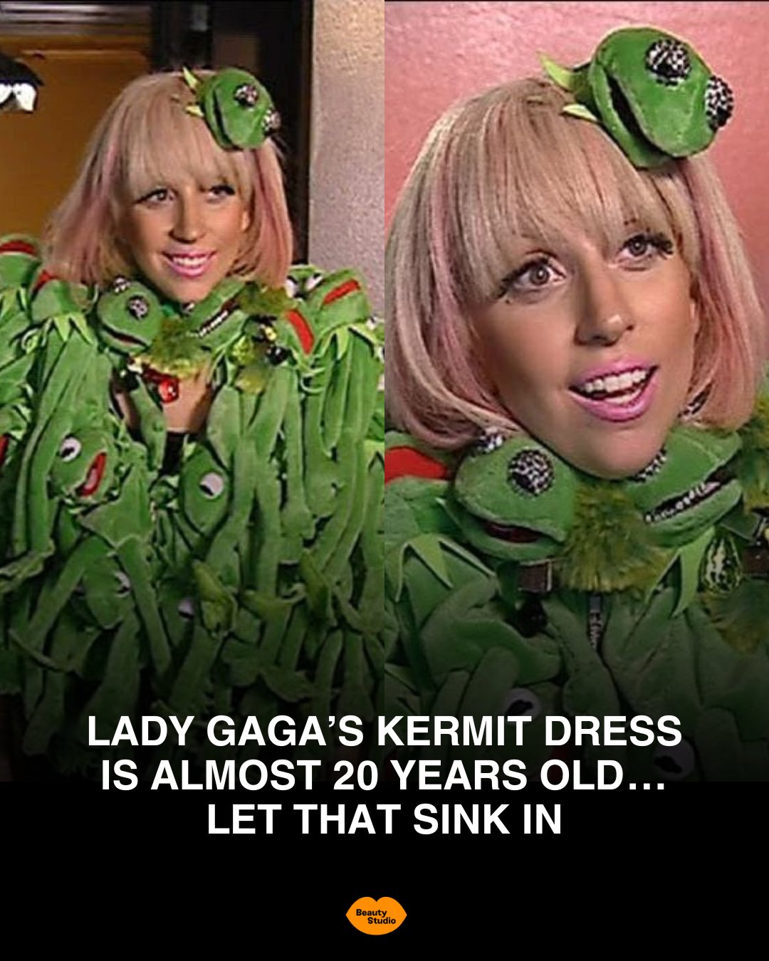 Lady Gaga wore her unforgettable Kermit the Frog dress during promotional appearances in Germany in 2009. Designed by Jean-Charles de Castelbajac and covered entirely in Kermit plush toys, the outfit quickly became