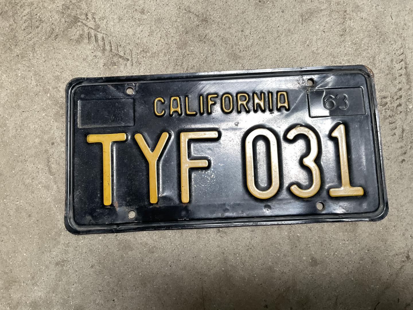 1963 look in right corner Black California six digit license plate