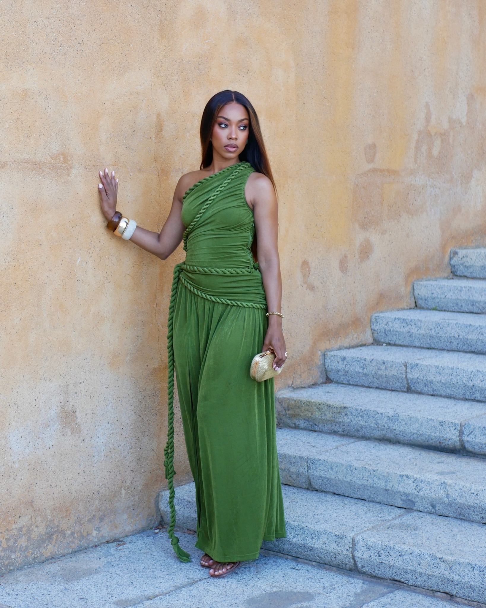 Emerald elegance 🍀 - Corina Twist Slinky Maxi Dress - Murmur Clear Ankle Strap Heels