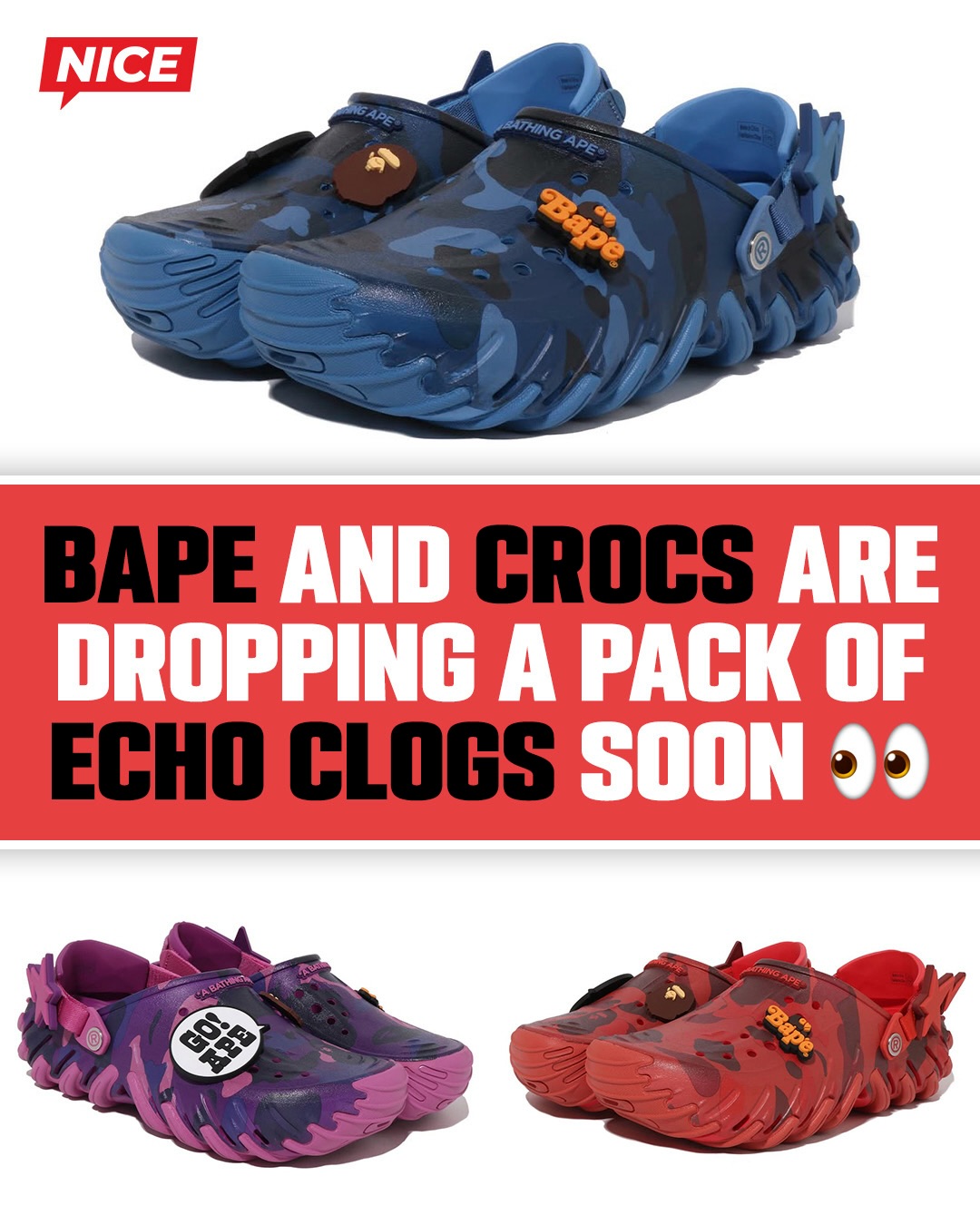BAPE and Crocs are teaming up to drop a 3-pack of Echo Clogs