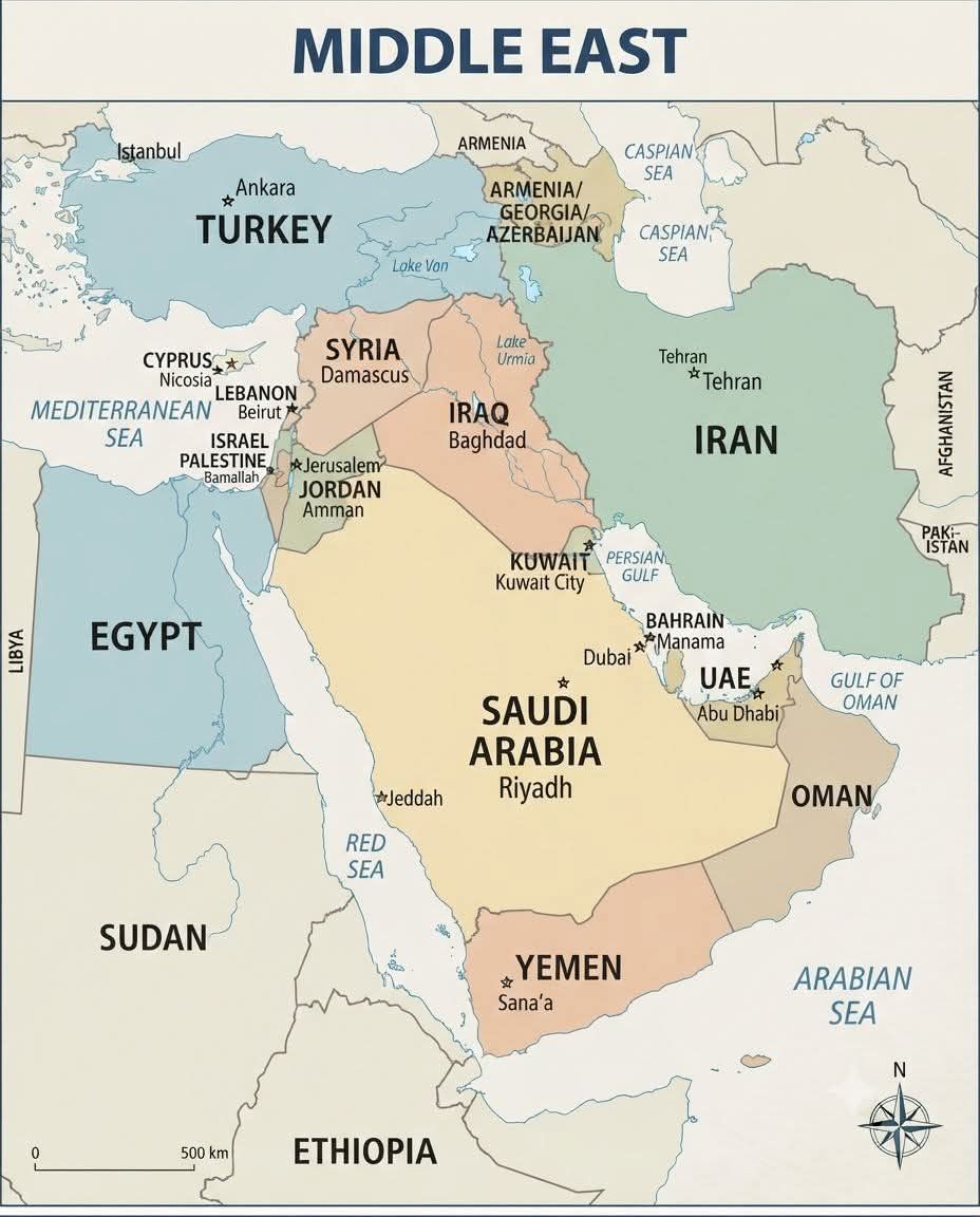 🗺️ Political Map of the Middle East The Middle East — a