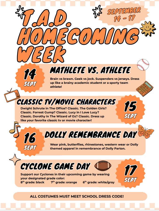 wizard of oz homecoming dress up days T.A. Dugger Jr. High School spirit week schedule (September 14-17) chocolate