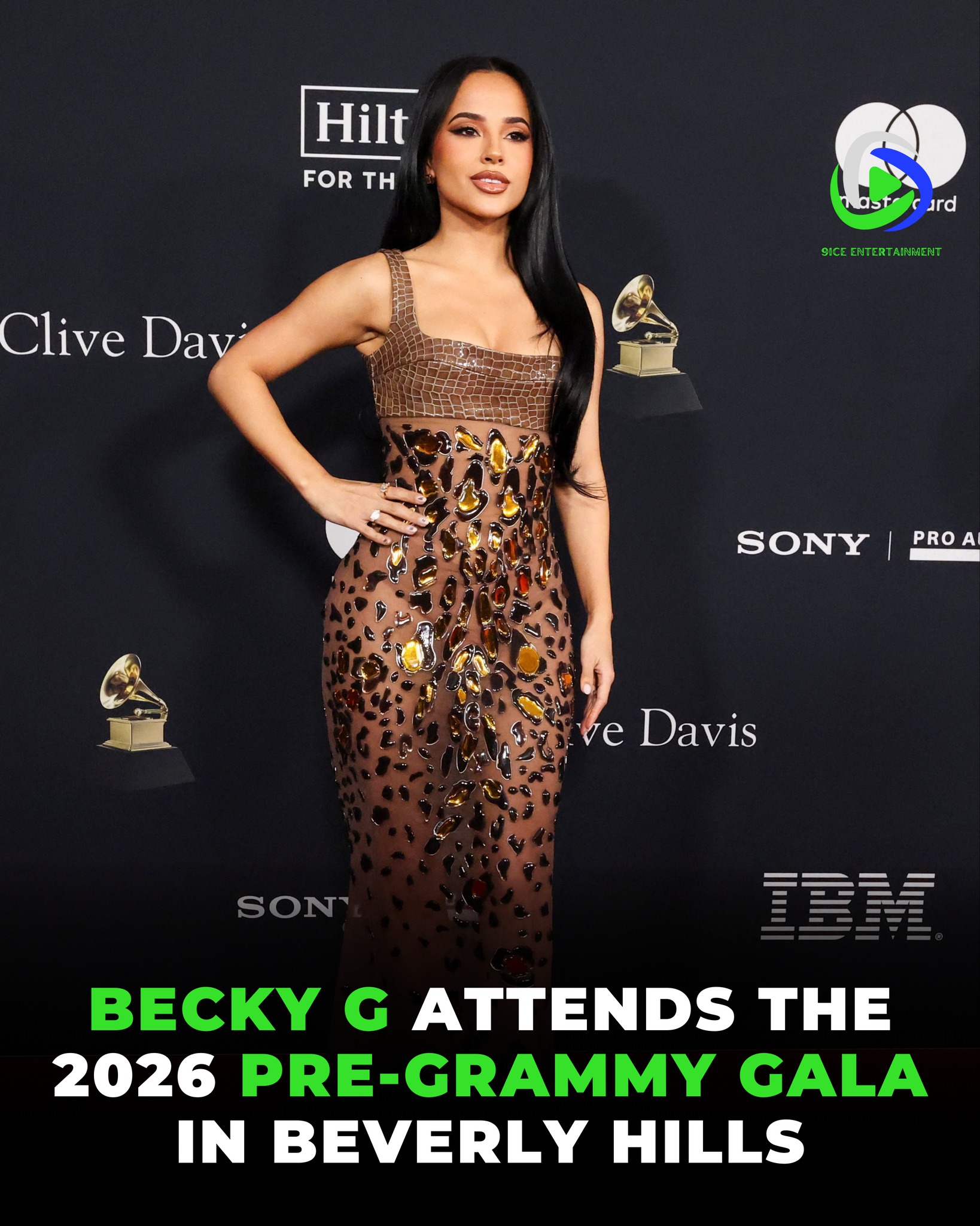 becky g gold dress attended the 2026 Pre-GRAMMY Gala at the Beverly Hilton Hotel in Beverly Hills. #GRAMMYs #9iceEntertainment becky g 2025