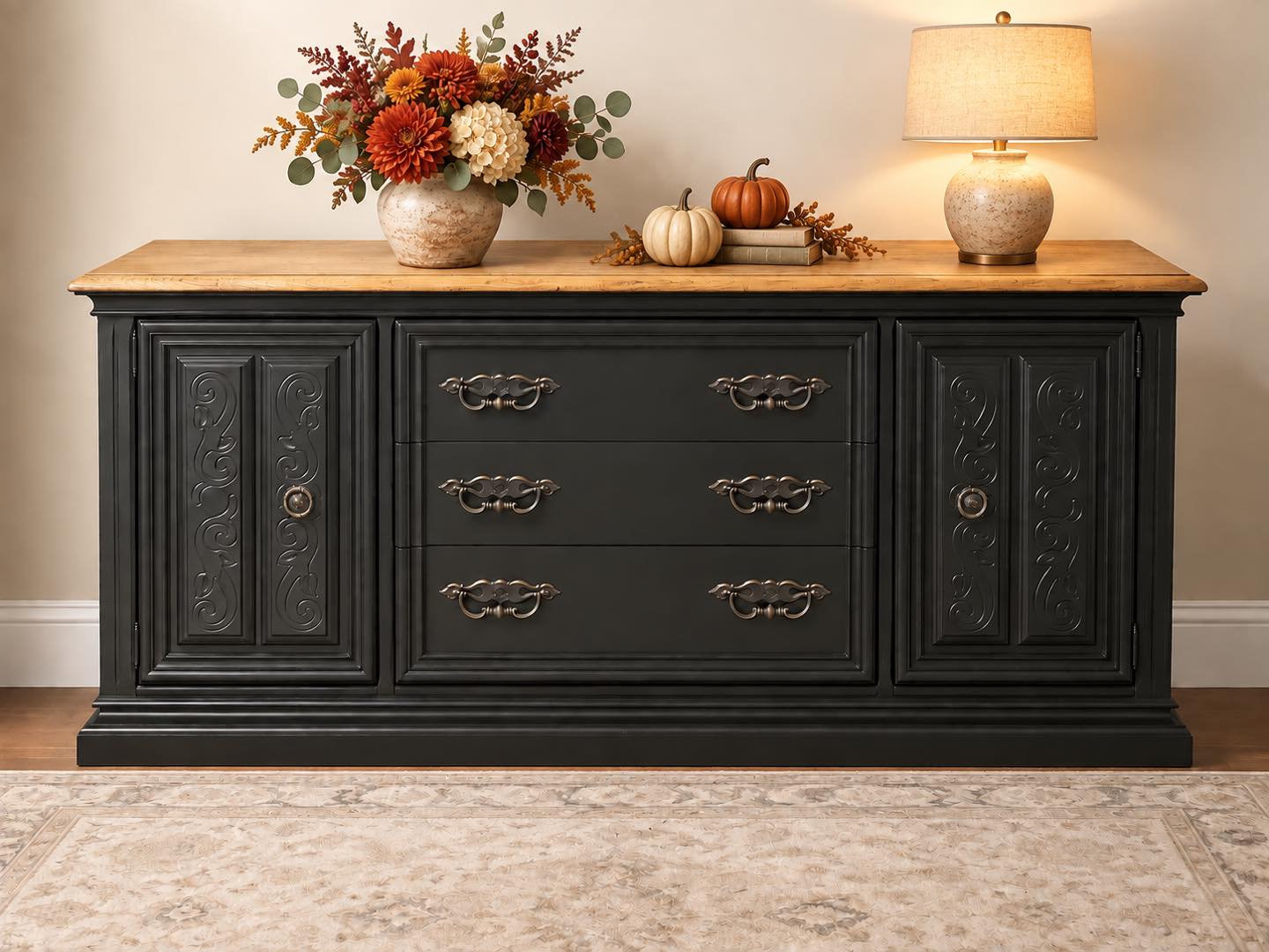 Refinished solid-wood dresser with black finish and natural wood top near Nichols