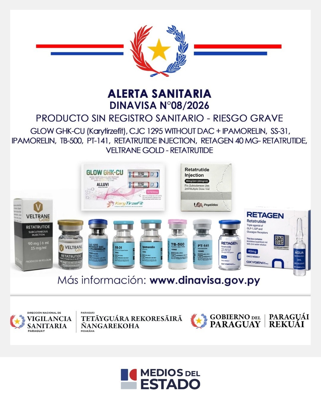 ⚠️ @dinavisapy un informa la comercialización no autorizada de productos que se presentan o declaran contener: Péptidos y Análogos de hormonas de las marca: USA PEPTIDES, BIOGENESIS, SYNEDICA