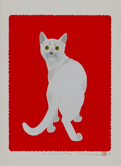 藤田 西洋、タホ光景、希少画集より、版上サイン入、高級額付 Looking Back (White) 5B', a 2004 woodcock print in a vertical ōban