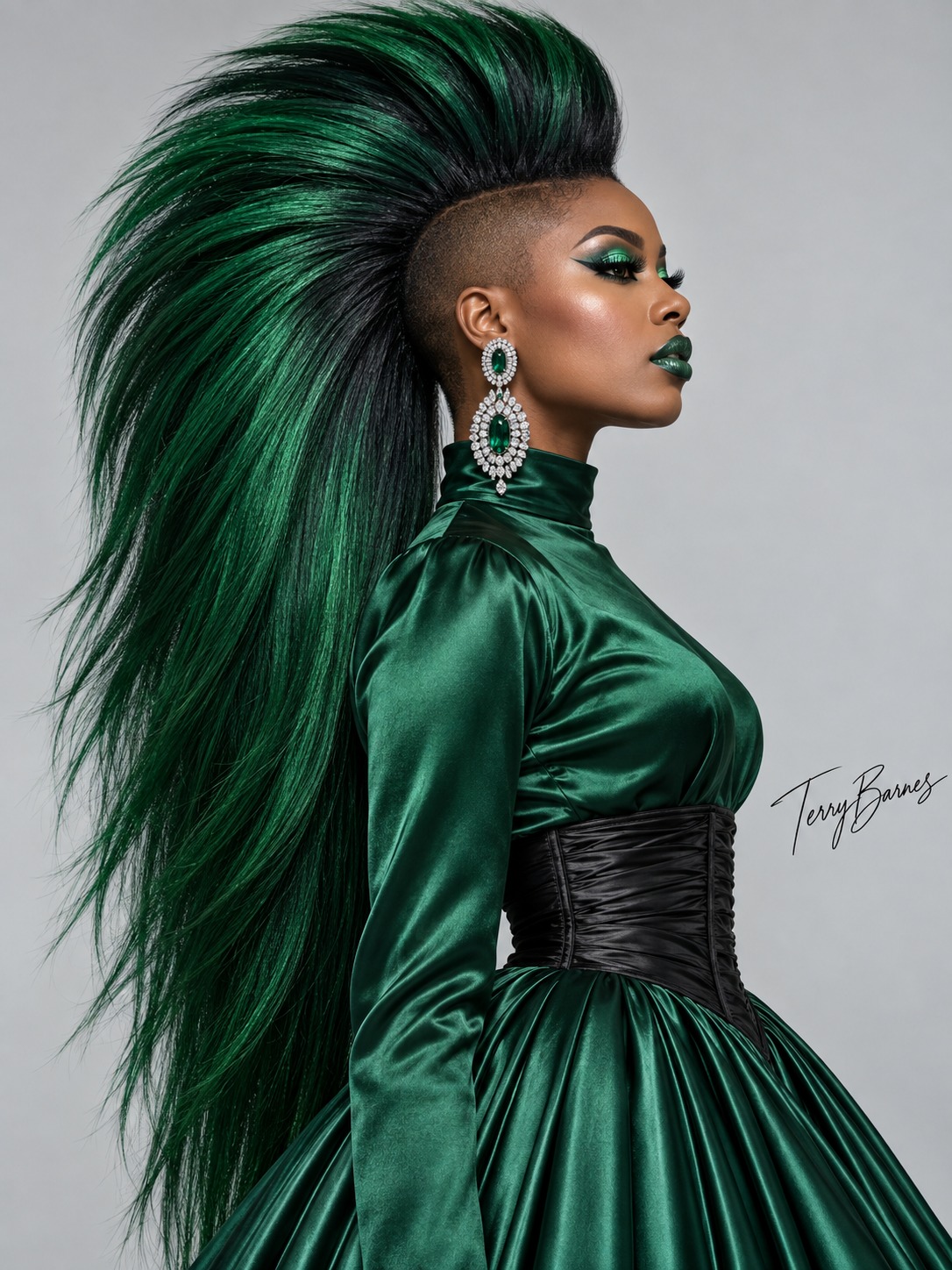 Emerald green mohawk hairstyle and makeup inspiration for glamorous portraits
