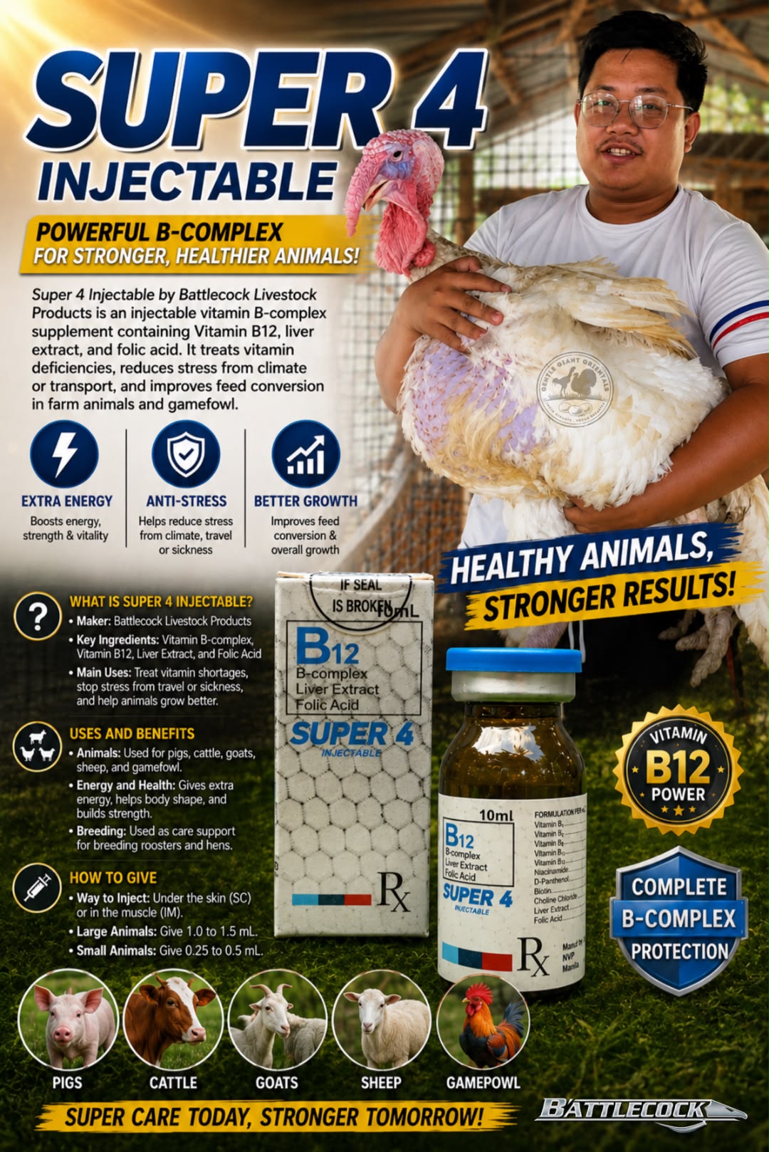 b12 injectable gamefowl Super 4 vitamin B-complex for stronger livestock and AOD 9604 Peptide - hgh-fragment Size:10 mL (1000 mcg / mL)