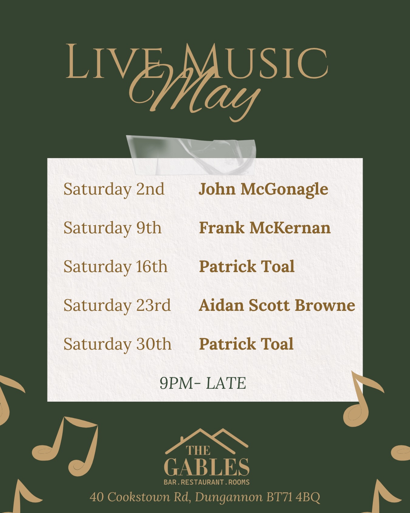Live Music lineup for May ? Every Saturday night in May from 9pm 