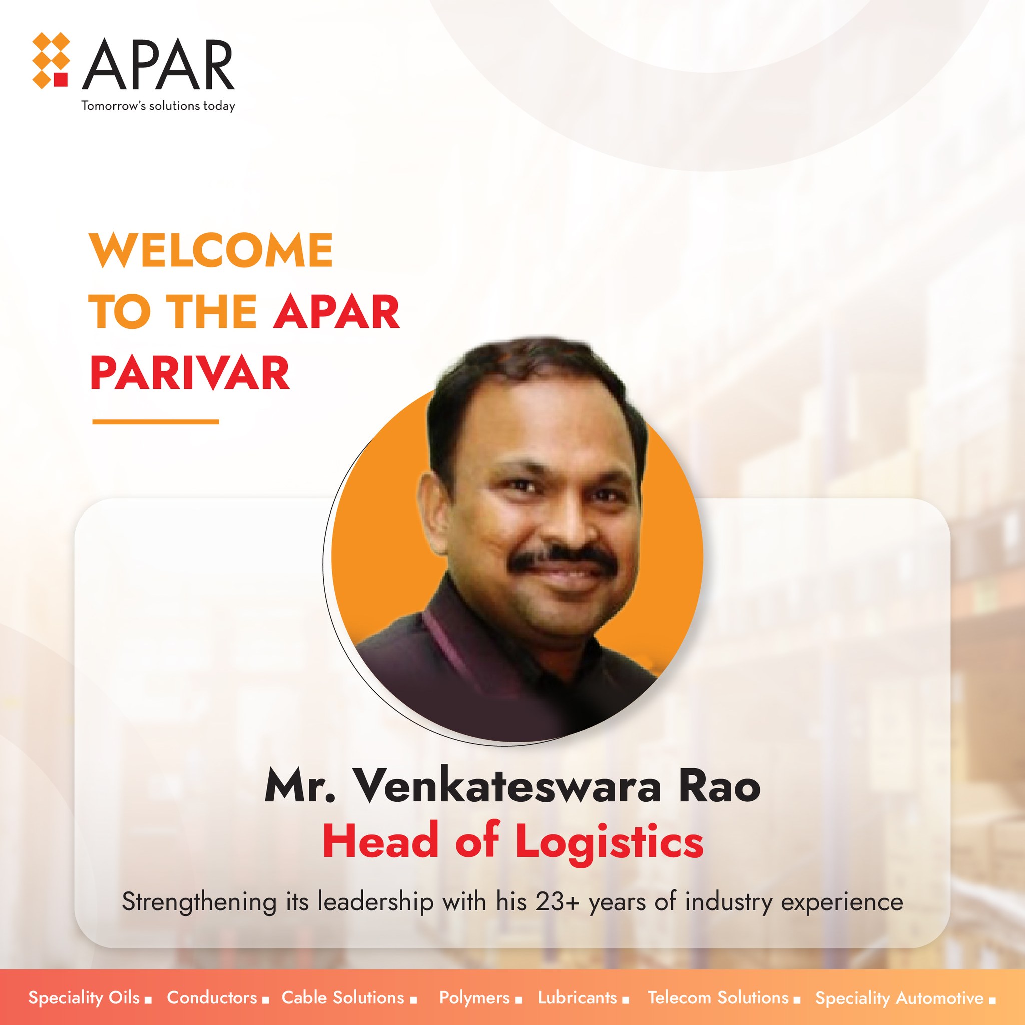 APAR - We are delighted to announce that Mr. Venkateswara Rao has ...
