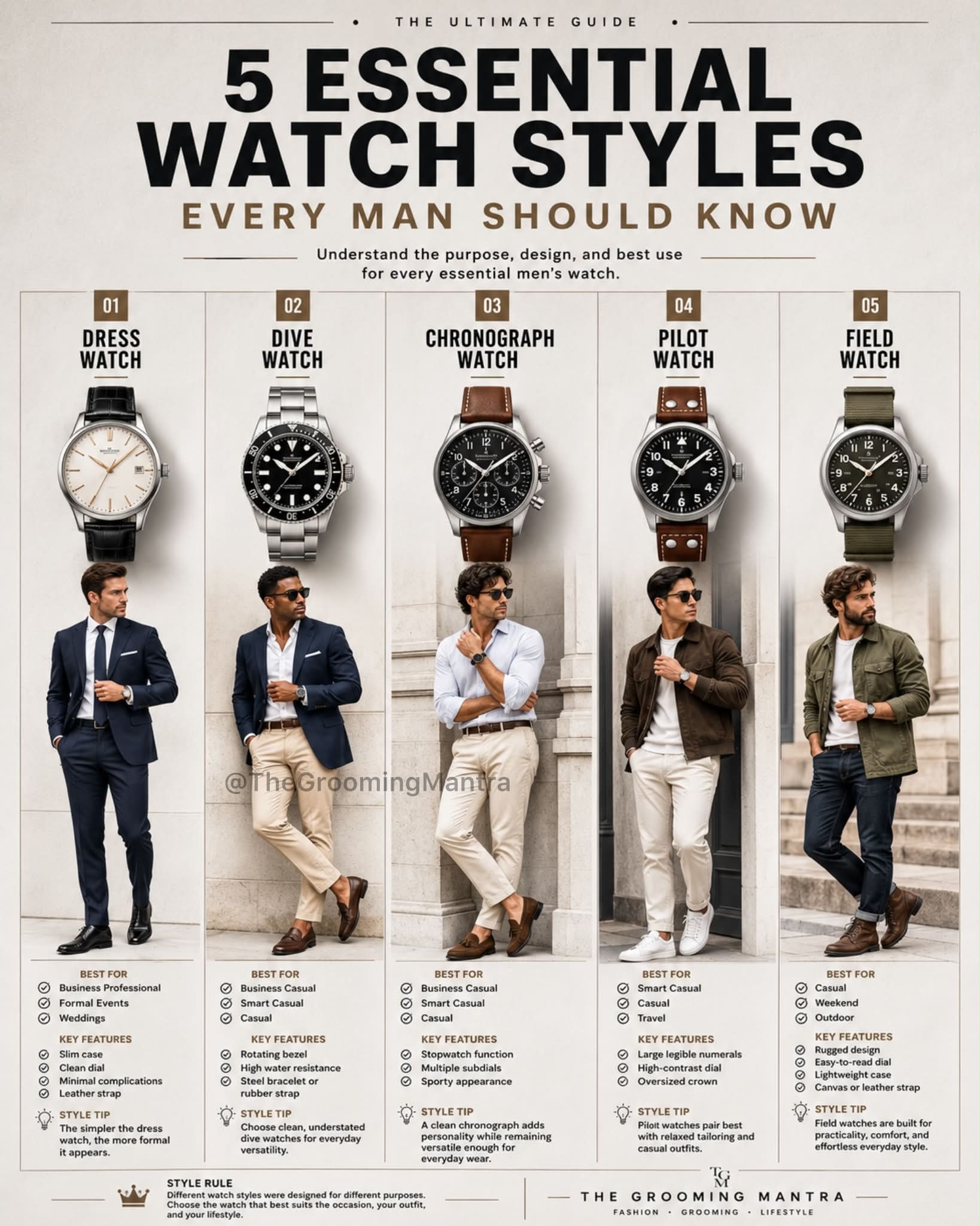 Not every watch is designed for the same purpose. Knowing the five essential watch styles helps you choose the right timepiece for the right occasion and instantly elevates your overall look. A