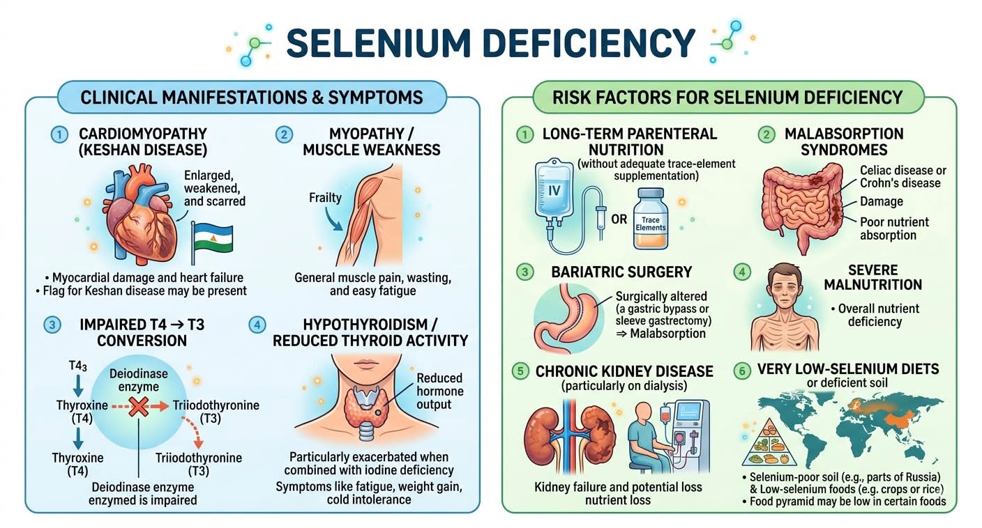 Selenium deficiency —Cardiomyopathy (Keshan disease) —Myopathy / muscle weakness —Impaired T4 → T3 conversion —Hypothyroidism or reduced thyroid hormone activity, particularly when combined with iodine deficiency Risk factors for selenium deficiency 