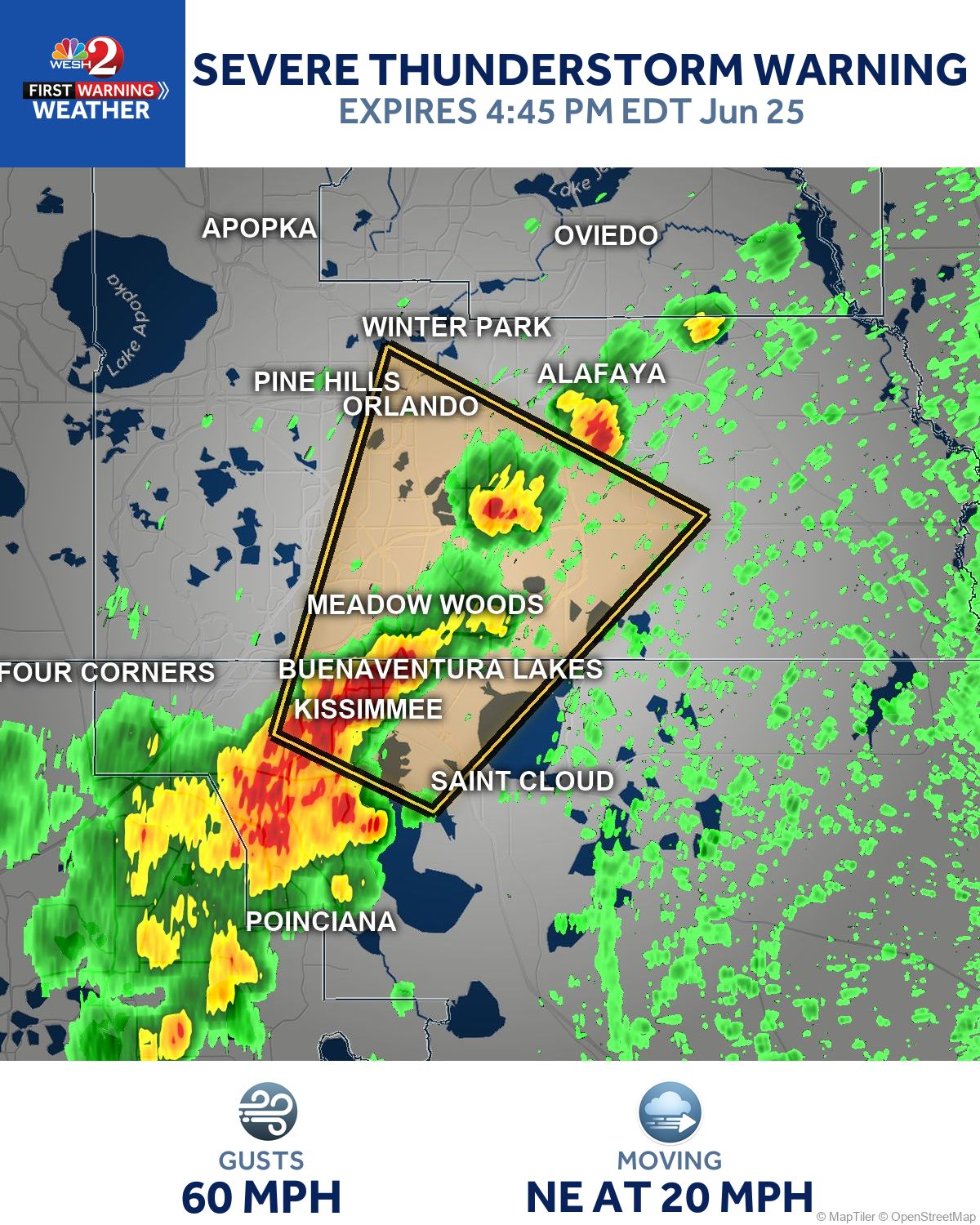 60 mph wind gusts are moving toward Orlando and Kissimmee right