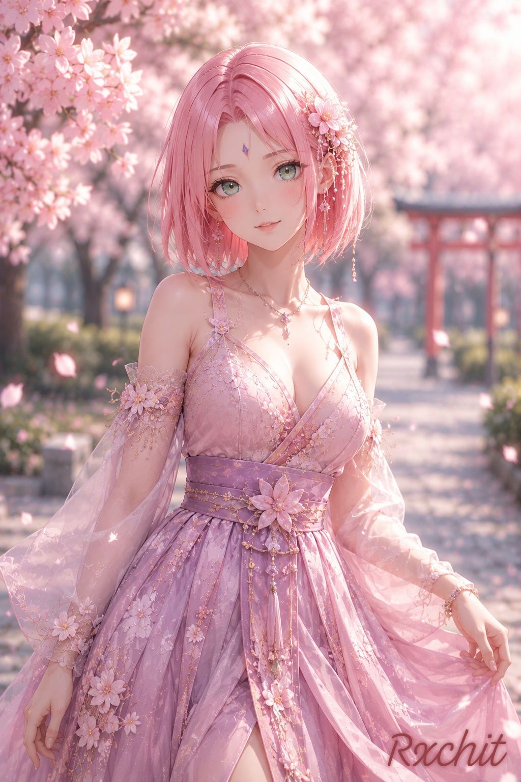 cute anime princess dress Sakura art with pink SIZE:XL Below the Knee Length Hoco Purple dress