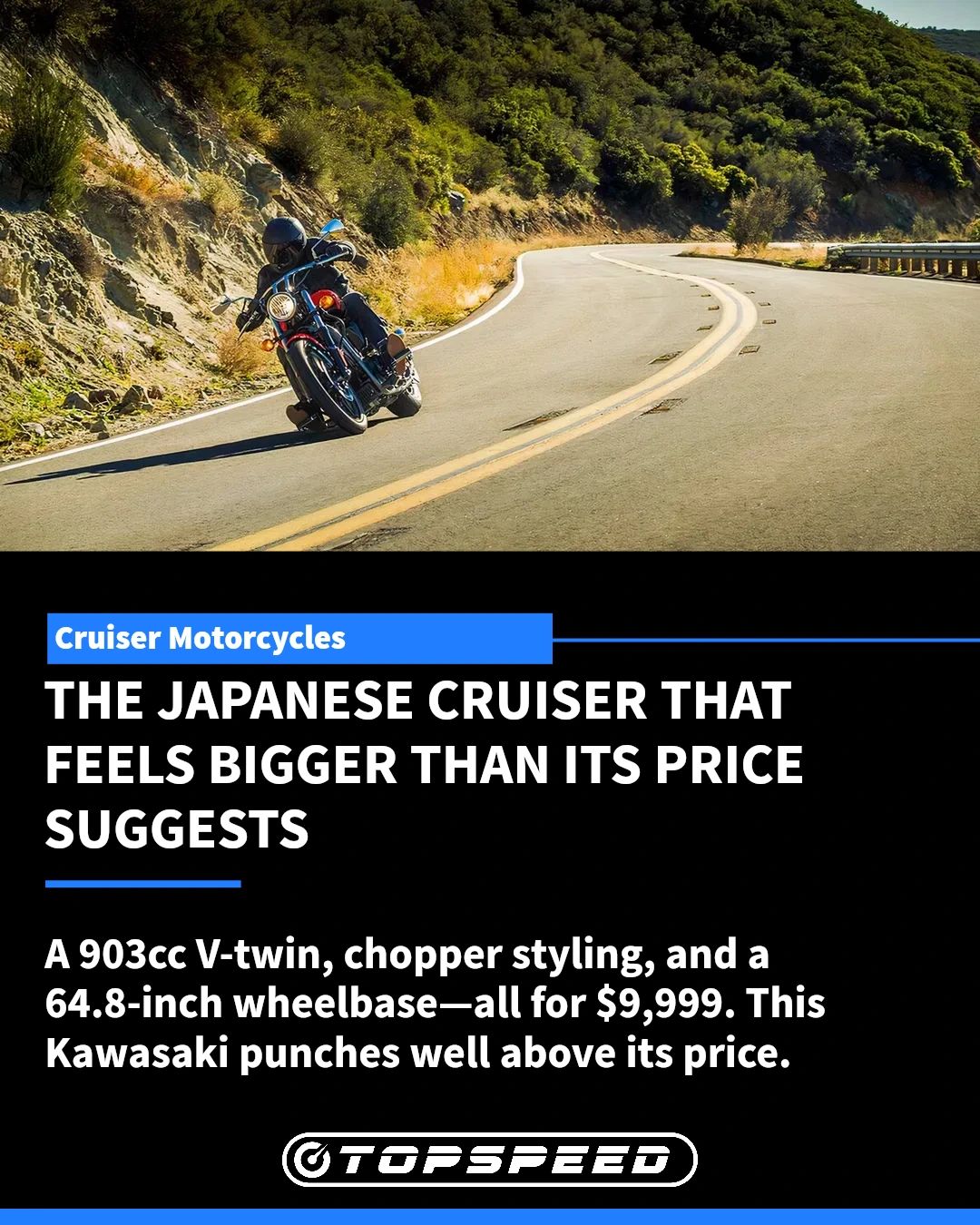 とも1212 A 903cc V-twin, chopper styling, and a 64.8-inch wheelbase—all for